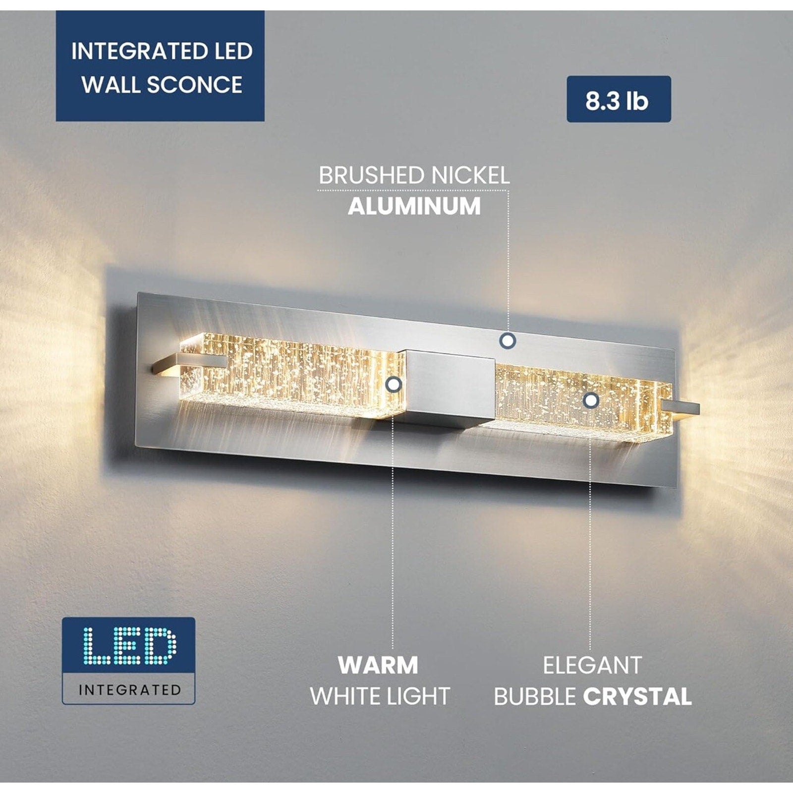 WOSHITU LED Wall Sconce Light: 19 Inch Nickel Modern Sconces Wall Lighting 3000K