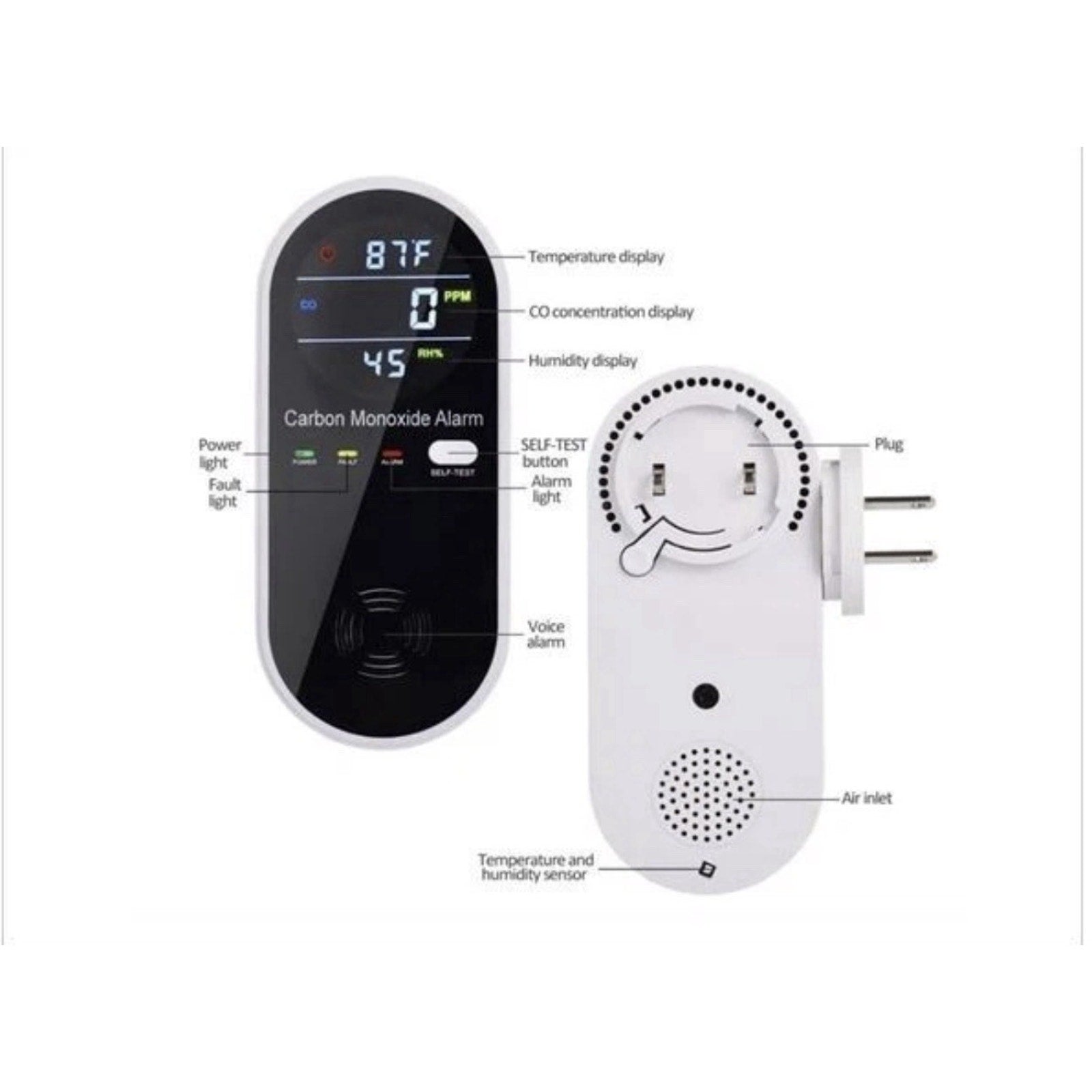 3-in-1 Carbon Monoxide Detector, Plug in Wall w/Temperature & Humidity Display