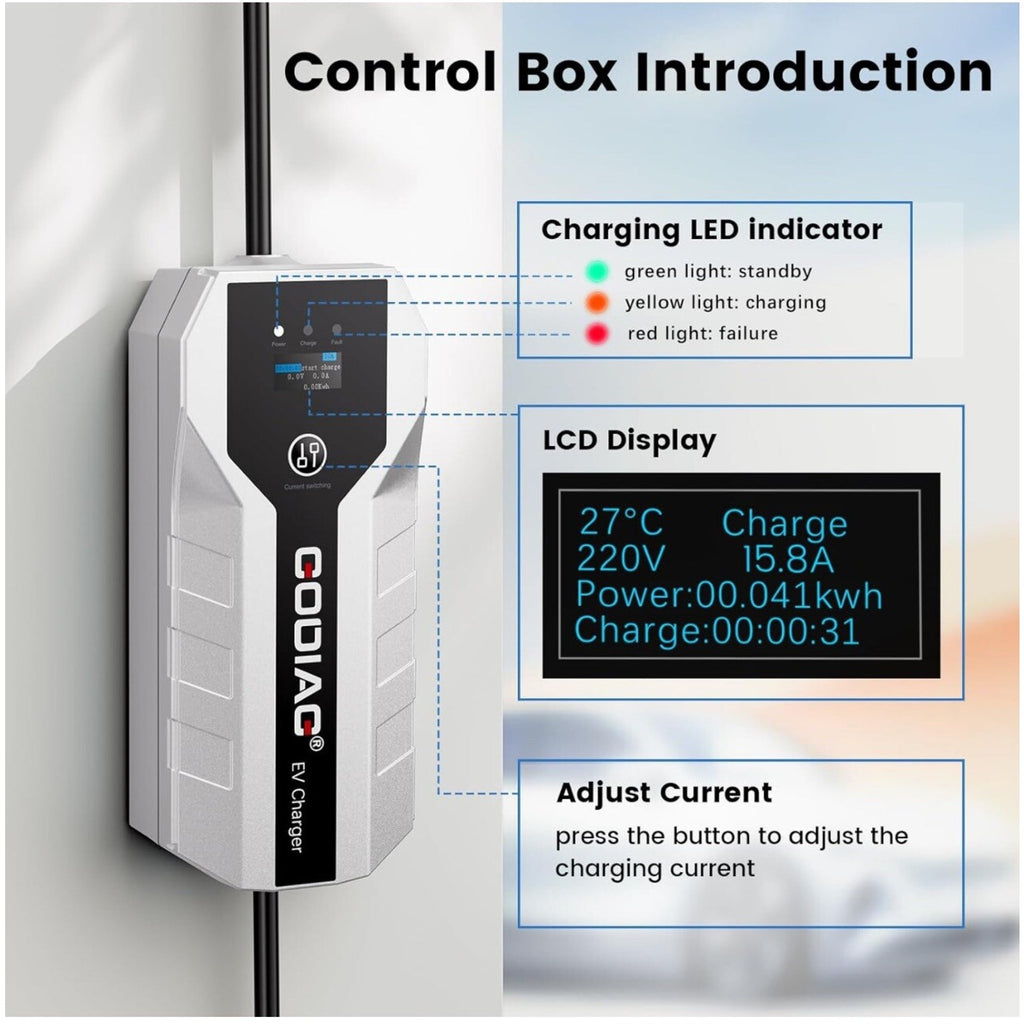 GODIAG Level 1+2 EV Charger, Adjustable 16Amp 110-240V, 20ft Cable NEMA 6-20