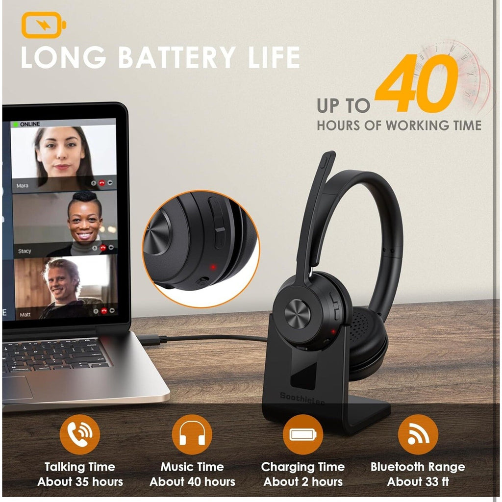 Bluetooth Headset V5.1, Wireless Headset with Noise Canceling Microphone, 40 Hrs