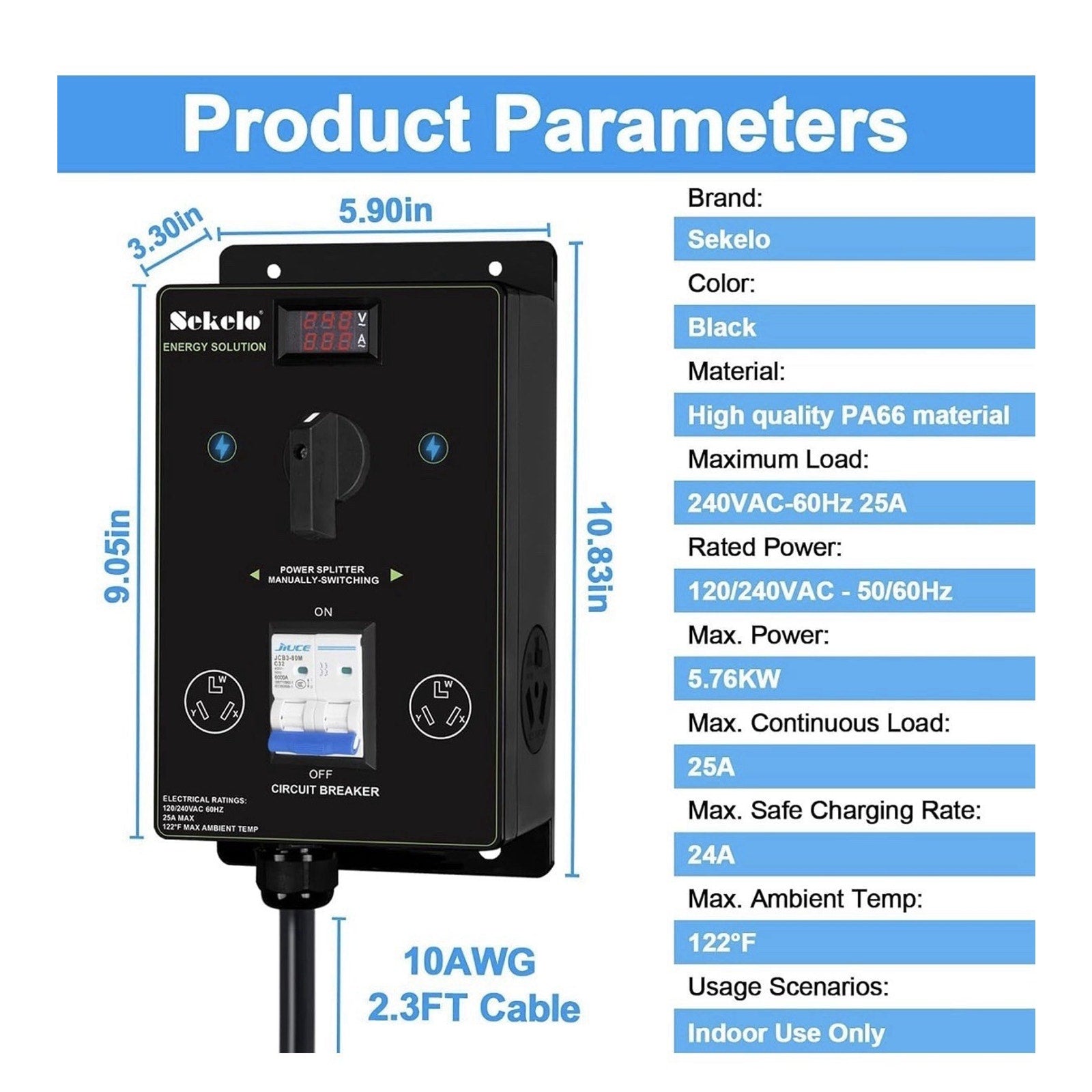 Manual EV Charging Switch with NEMA 10-30 Splitter for Dryer & EV Use