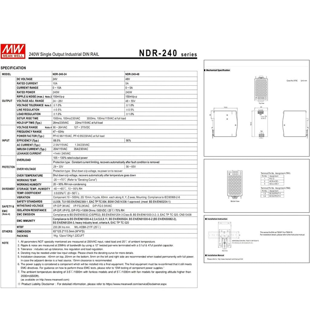 Mean Well NDR-120-48 Switching Power Supply DIN Rail Type 120W 48V 2.5A
