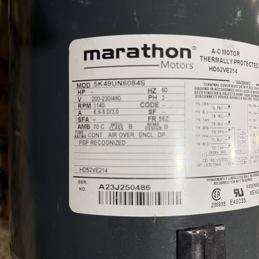 Marathon HD52VE214 Motor, 200-230/460V, 1140 rpm, 60Hz, Carrier Fan Motor