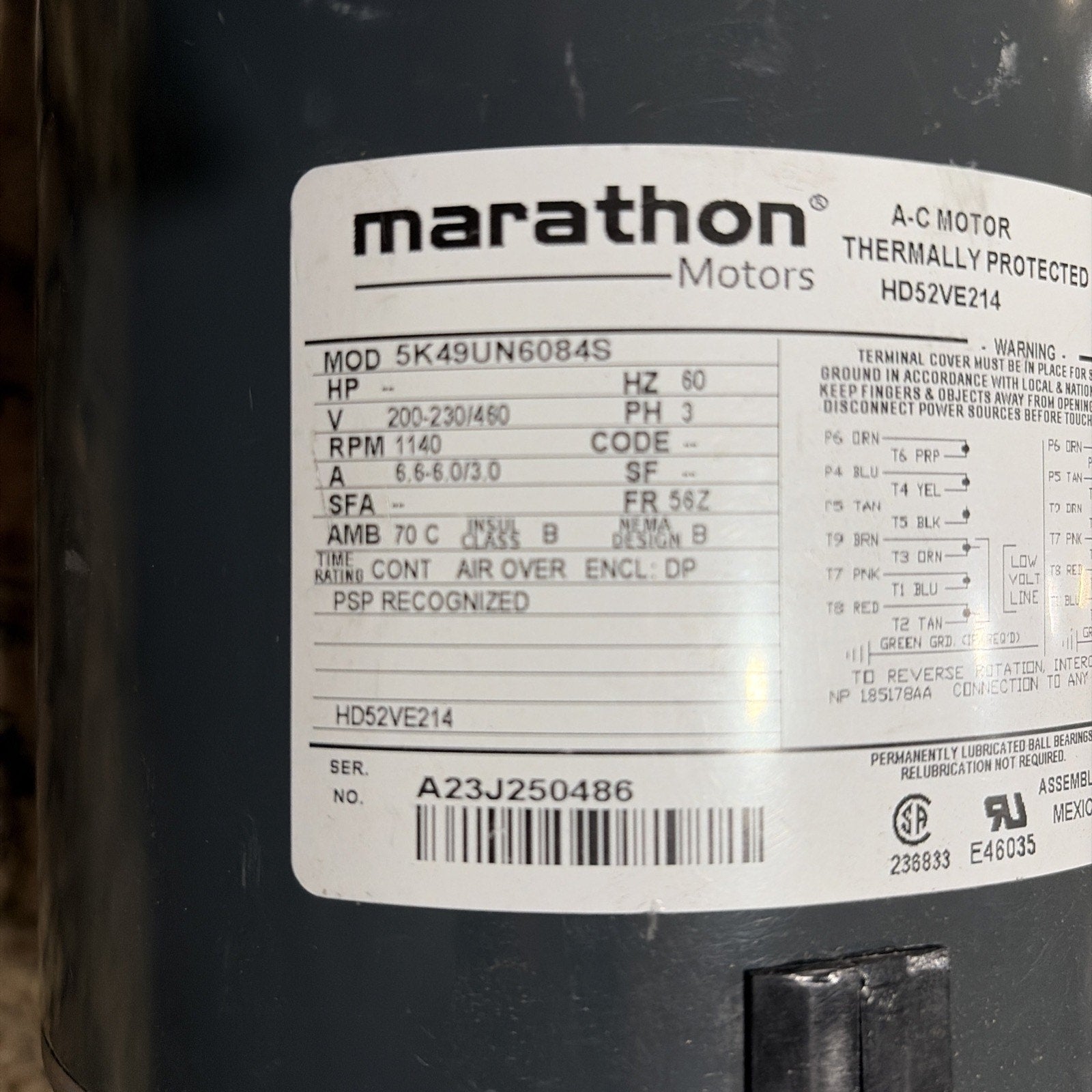 Marathon HD52VE214 Motor, 200-230/460V, 1140 rpm, 60Hz, Carrier Fan Motor