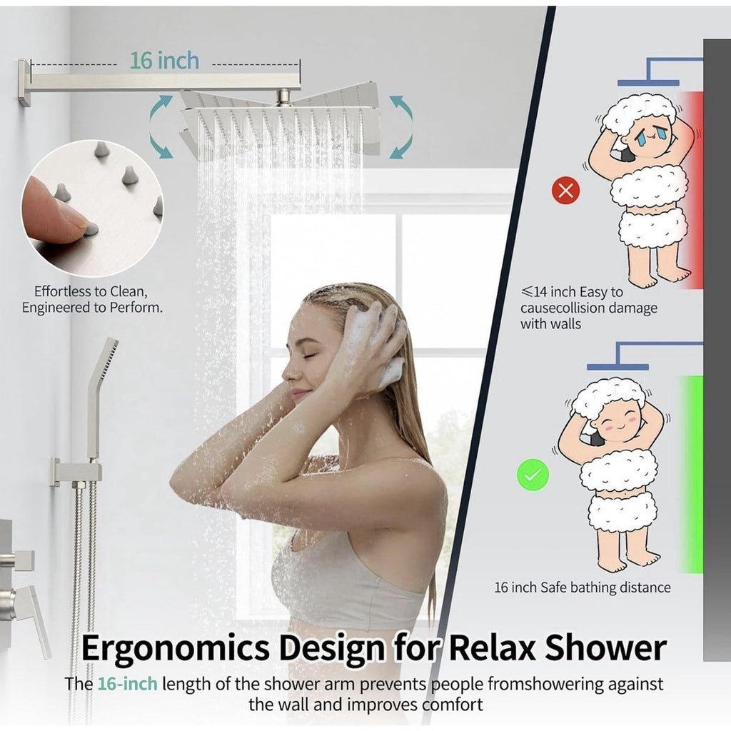 Brushed Nickel Shower Faucet Set System Rain Shower Head Combo Kit w/Mixer Valve