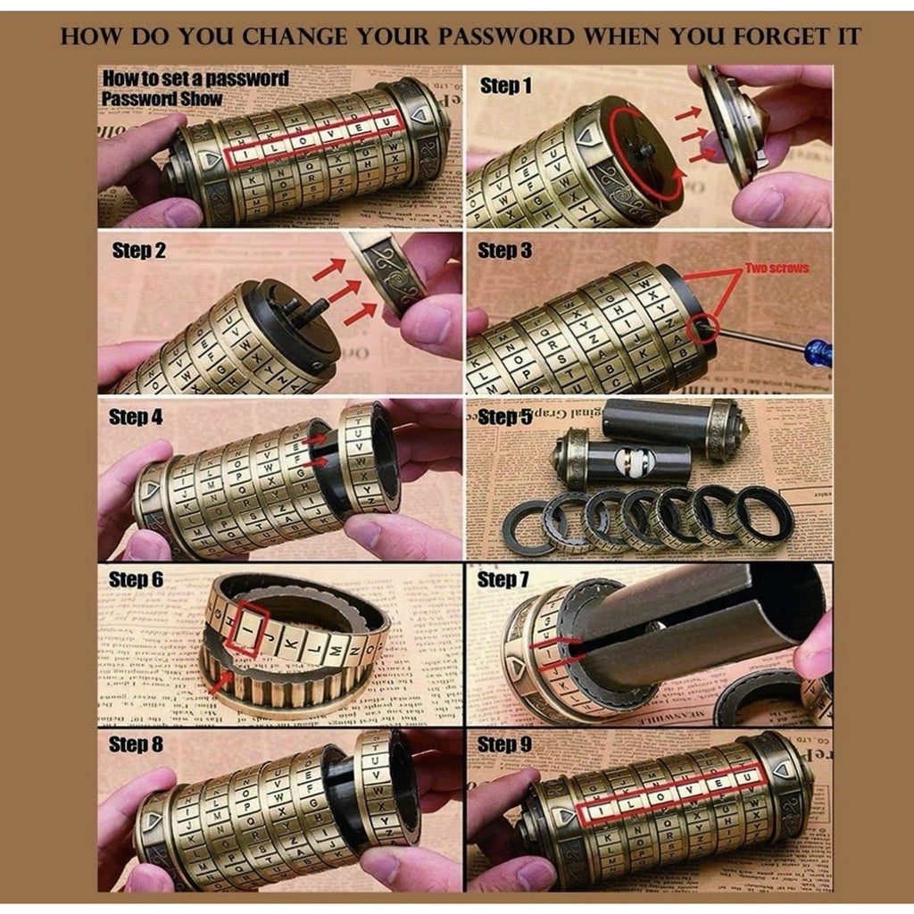 Cylinder Metal Puzzle Box Mechanical Cryptex Password Lock Bronze Gold