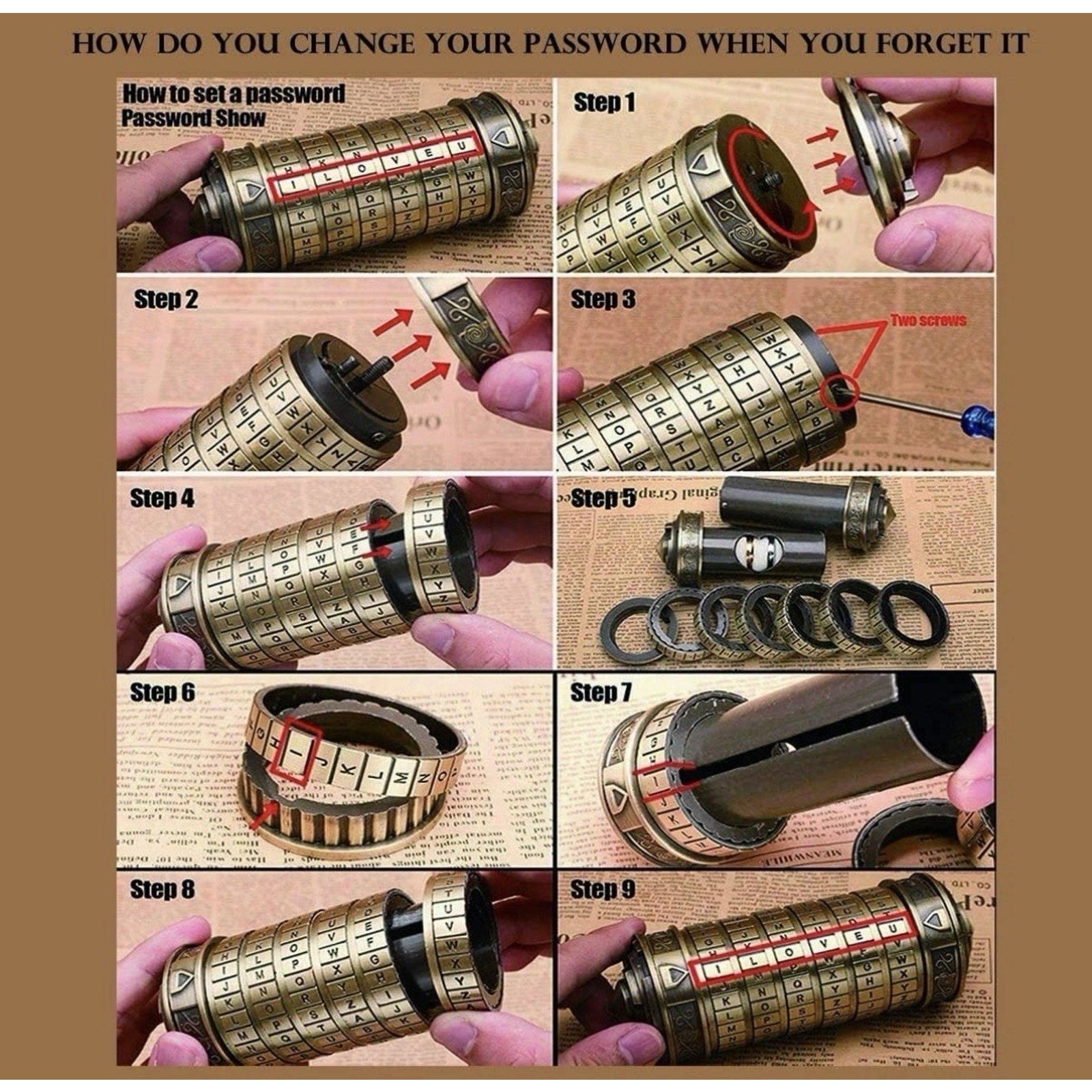 Cylinder Metal Puzzle Box Mechanical Cryptex Password Lock Bronze Gold