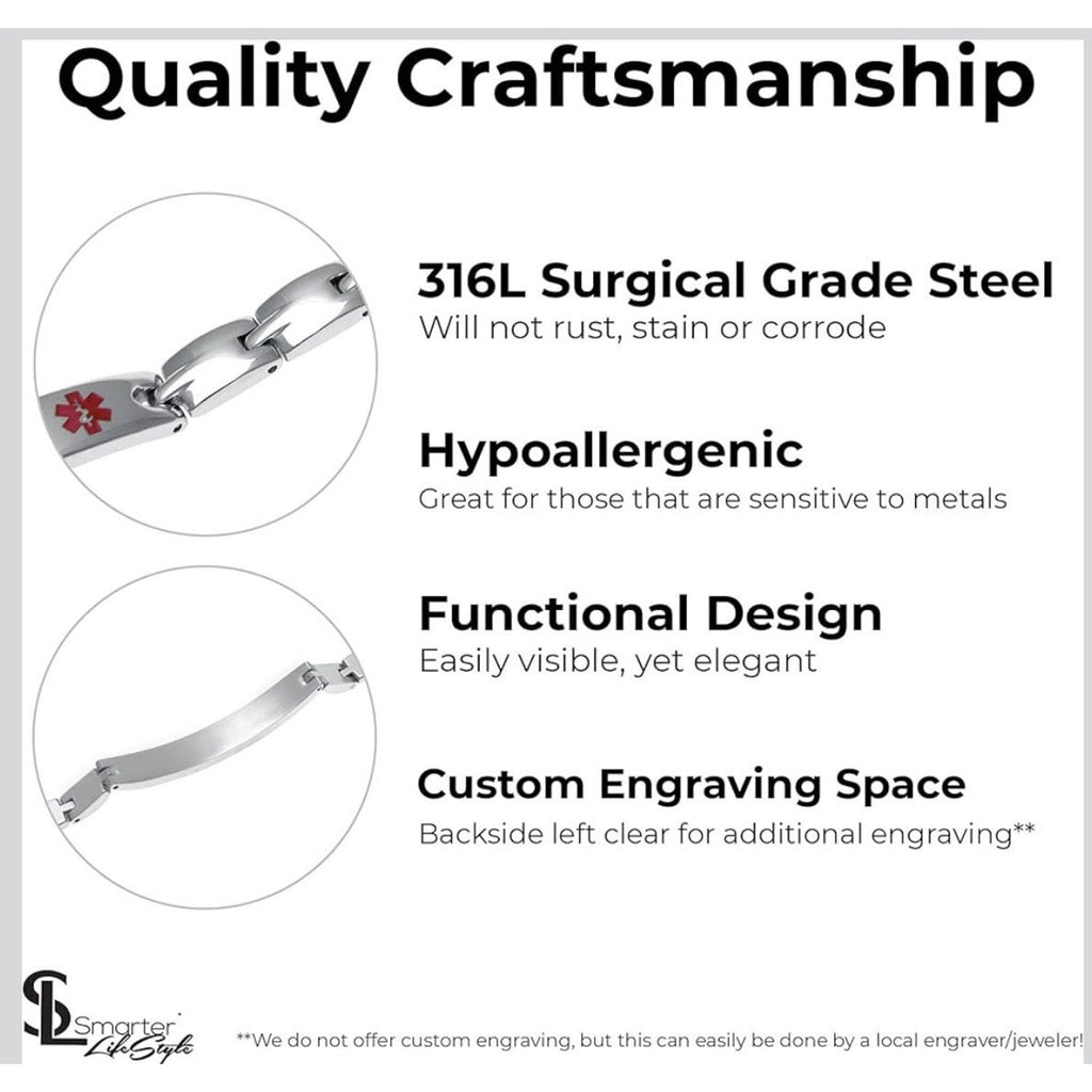 Smarter LifeStyle Elegant Medical ID Bracelet – Surgical Steel, No Needle/BP