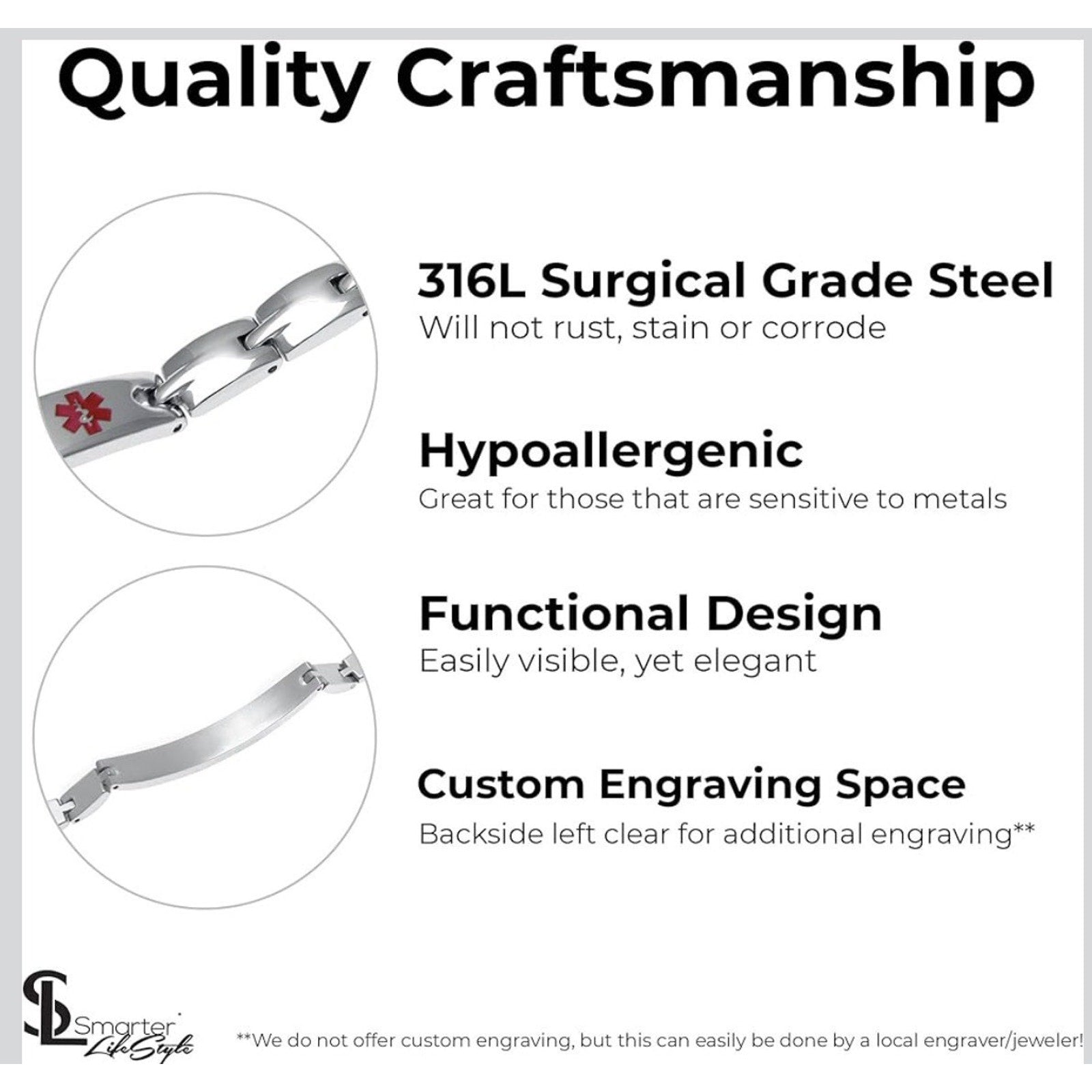 Smarter LifeStyle Elegant Medical ID Bracelet – Surgical Steel, No Needle/BP