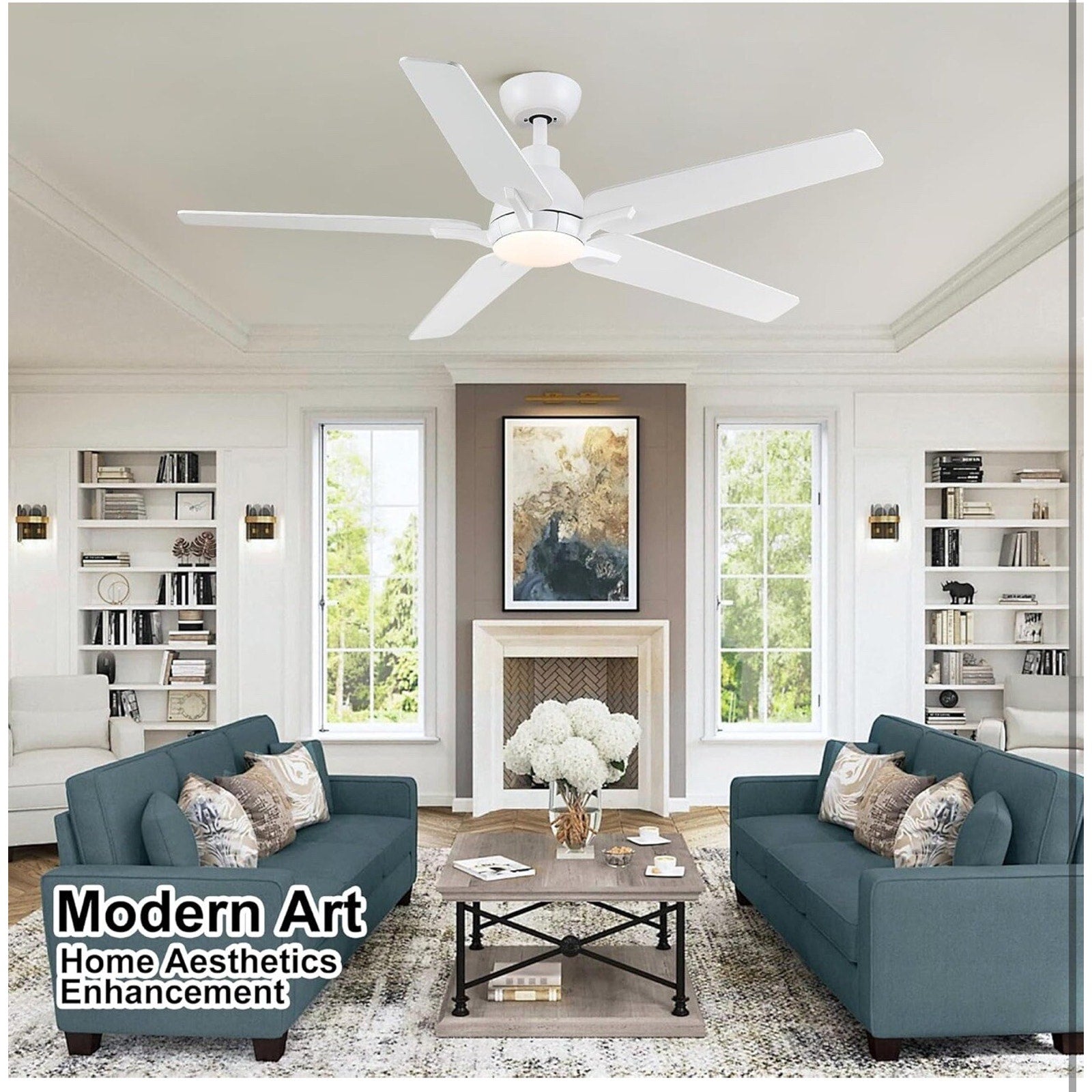52 Inch Ceiling Fans with Lights and Remote, White Ceiling Fan, 5 Blade