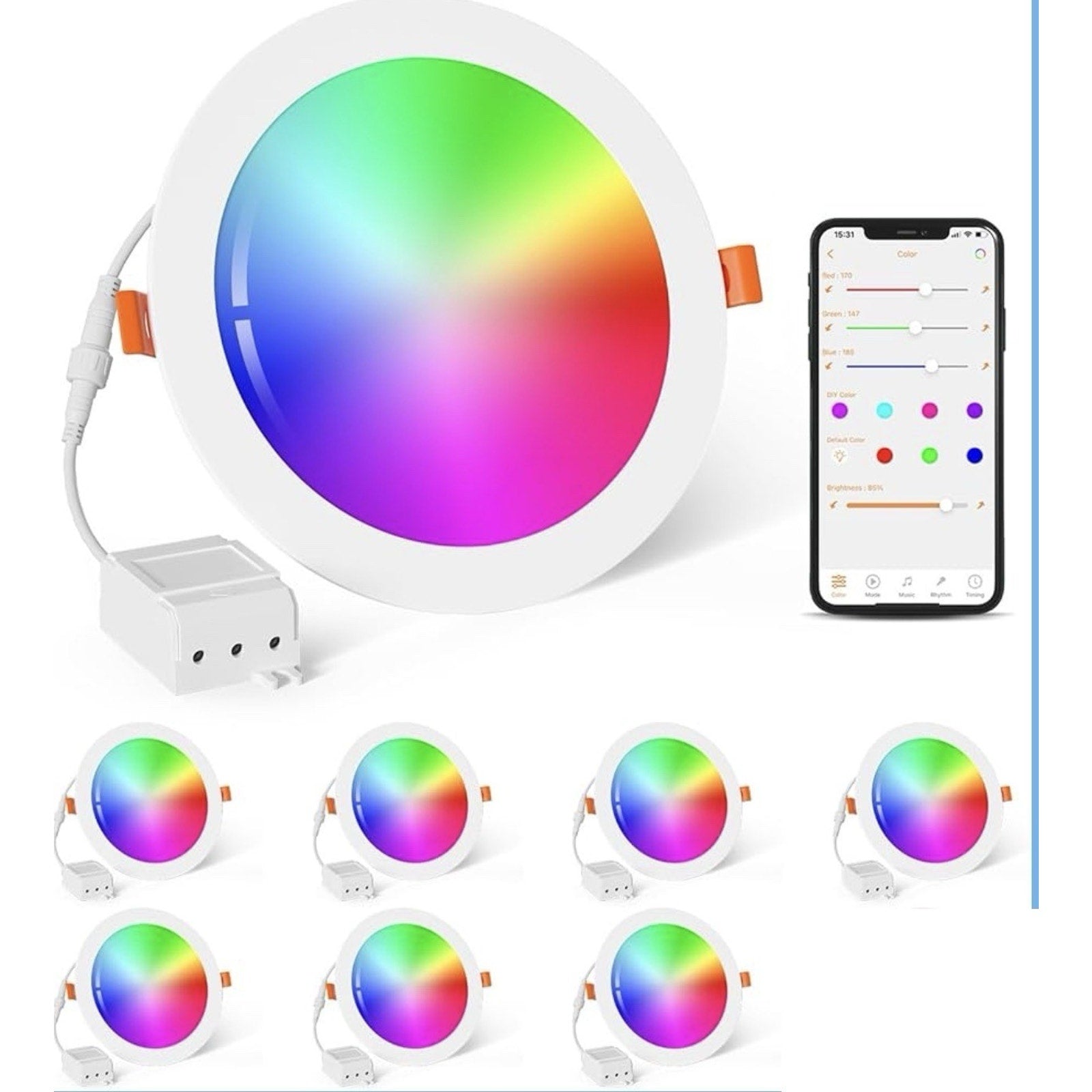 7 Pack Smart Recessed Lighting 4 Inch Color Changing 12W LED Downlight Ceiling