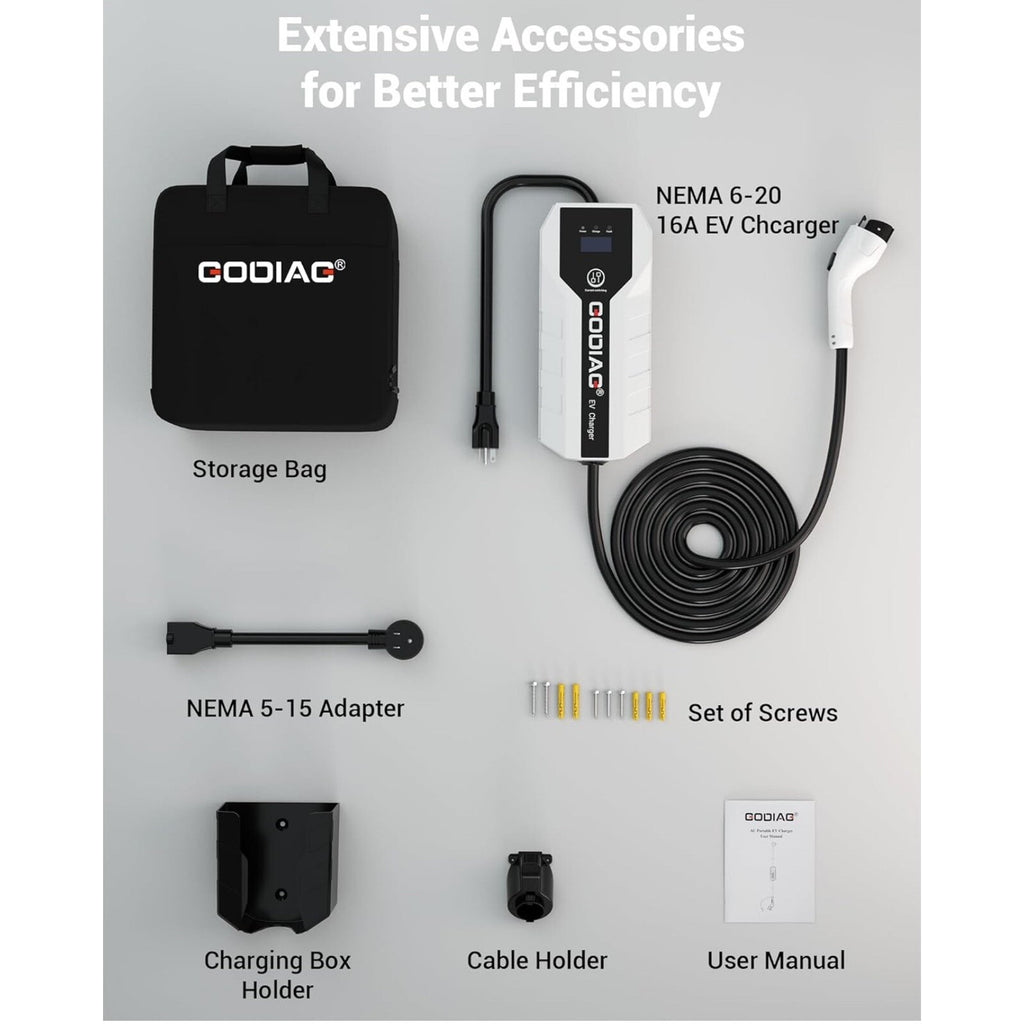 GODIAG Level 1+2 EV Charger, Adjustable 16Amp 110-240V, 20ft Cable NEMA 6-20