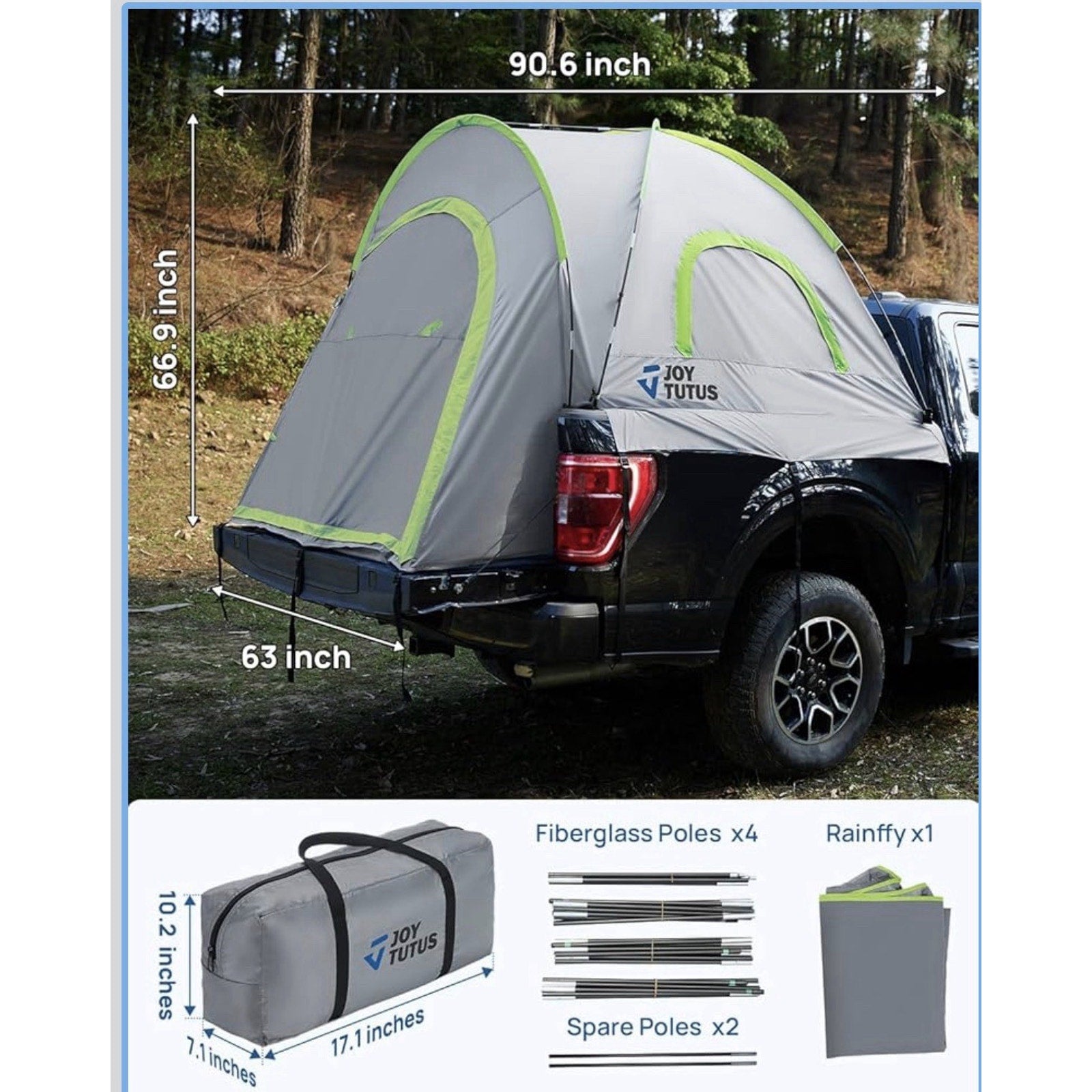Pickup Truck Tent 6.5ft JOYTUTUS Waterproof PU2000mm for 2 Person Truck Bed Tent