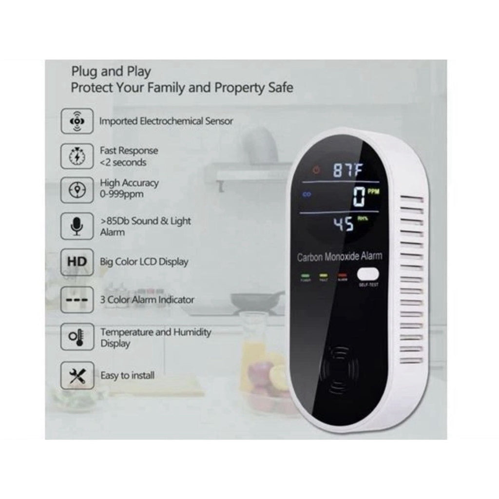 3-in-1 Carbon Monoxide Detector, Plug in Wall w/Temperature & Humidity Display