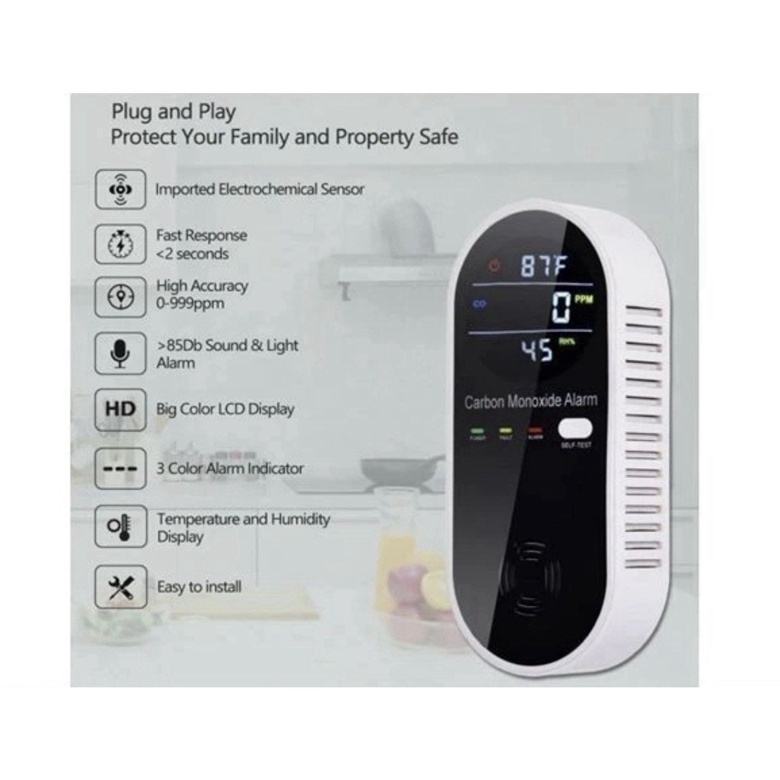3-in-1 Carbon Monoxide Detector, Plug in Wall w/Temperature & Humidity Display