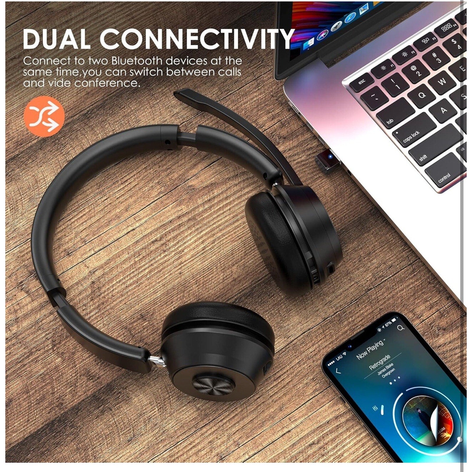 Bluetooth Headset V5.1, Wireless Headset with Noise Canceling Microphone, 40 Hrs