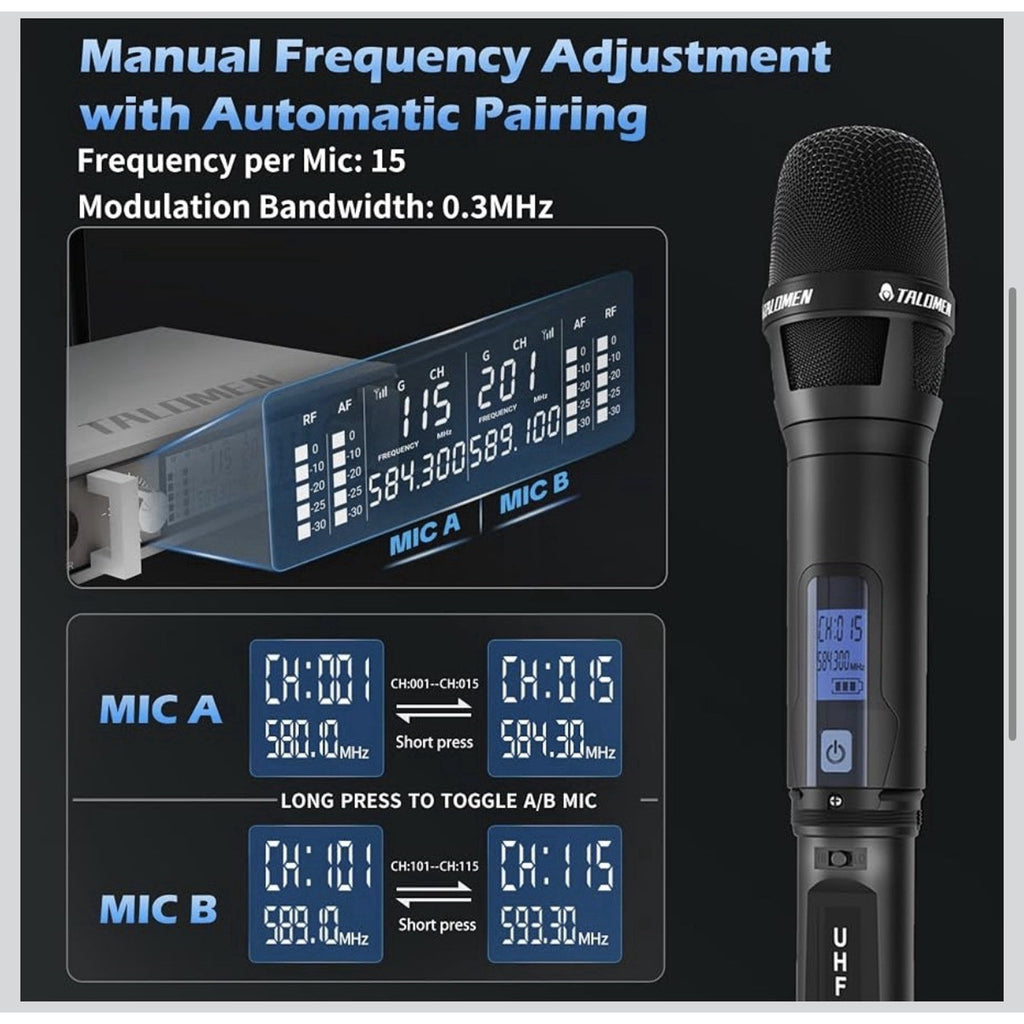 Wireless Microphone System, Metal UHF Handheld Microphones Cordless Dynamic Mic