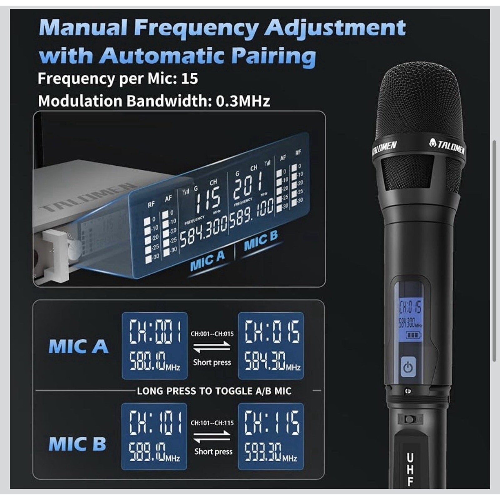 Wireless Microphone System, Metal UHF Handheld Microphones Cordless Dynamic Mic