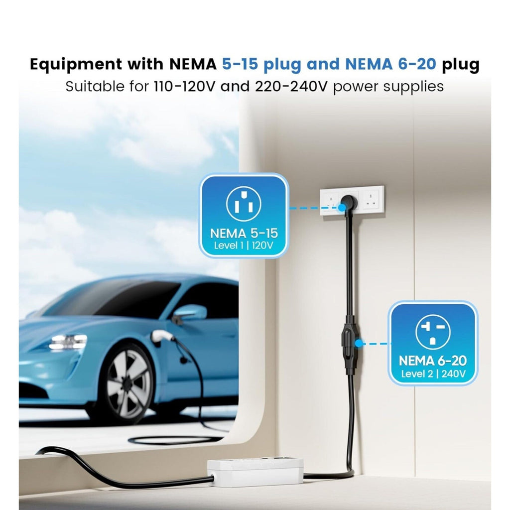 GODIAG Level 1+2 EV Charger, Adjustable 16Amp 110-240V, 20ft Cable NEMA 6-20