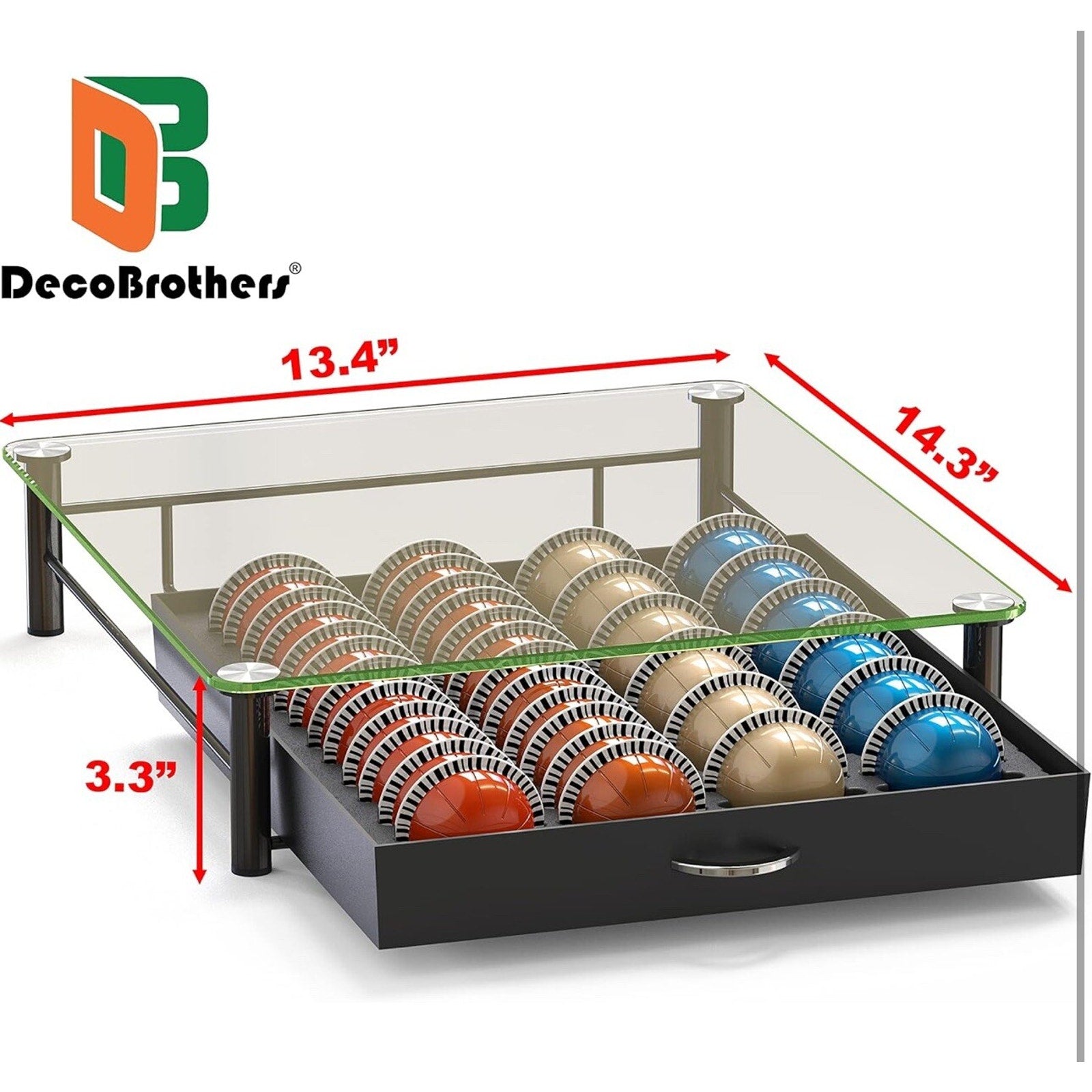 DecoBrothers Crystal Tempered Glass Vertuo Pod Holder Drawer, 24 Large or 48 S