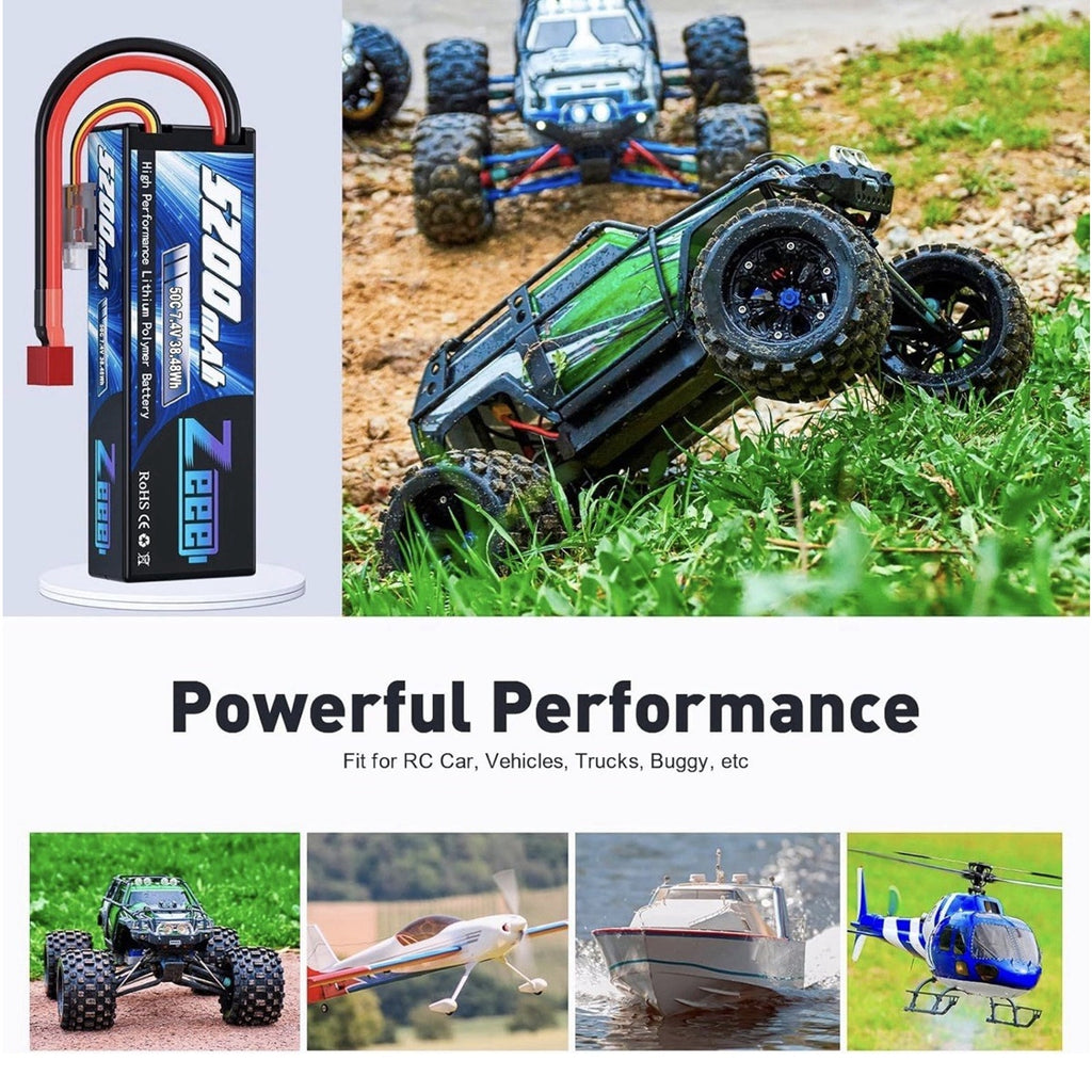 Zeee 7.4V 2S 5200mAh 50C LiPo Hard Case Battery w/ T Plug for 1/8 1/10 RC Cars