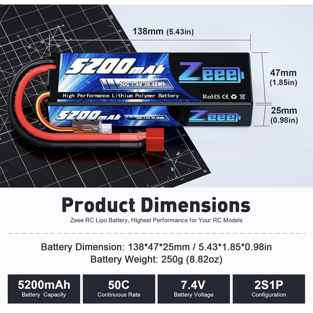 Zeee 7.4V 2S 5200mAh 50C LiPo Hard Case Battery w/ T Plug for 1/8 1/10 RC Cars