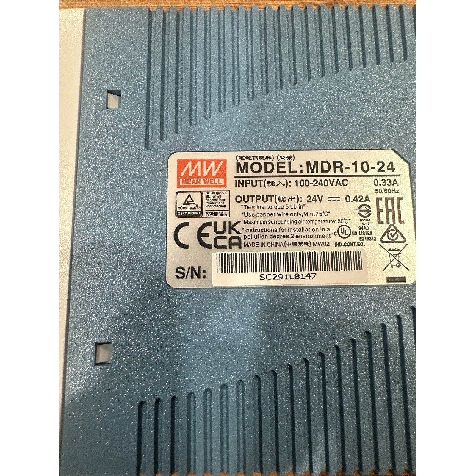 MEAN WELL MDR-10-24 AC to DC DIN-Rail Power Supply, 24V, .42A, 24W