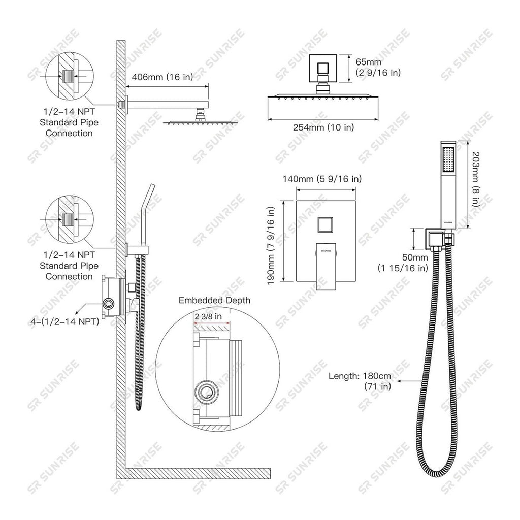Brushed Nickel Shower Faucet Set System Rain Shower Head Combo Kit w/Mixer Valve