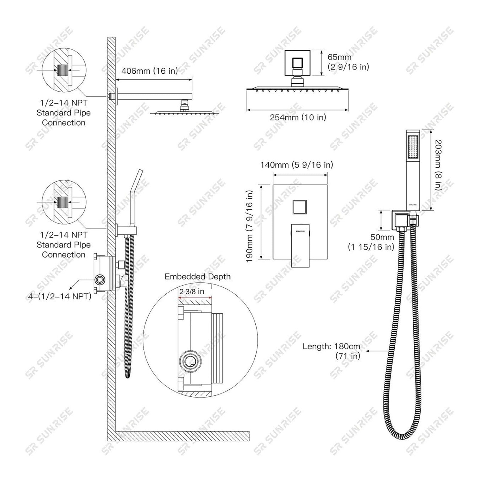 Brushed Nickel Shower Faucet Set System Rain Shower Head Combo Kit w/Mixer Valve