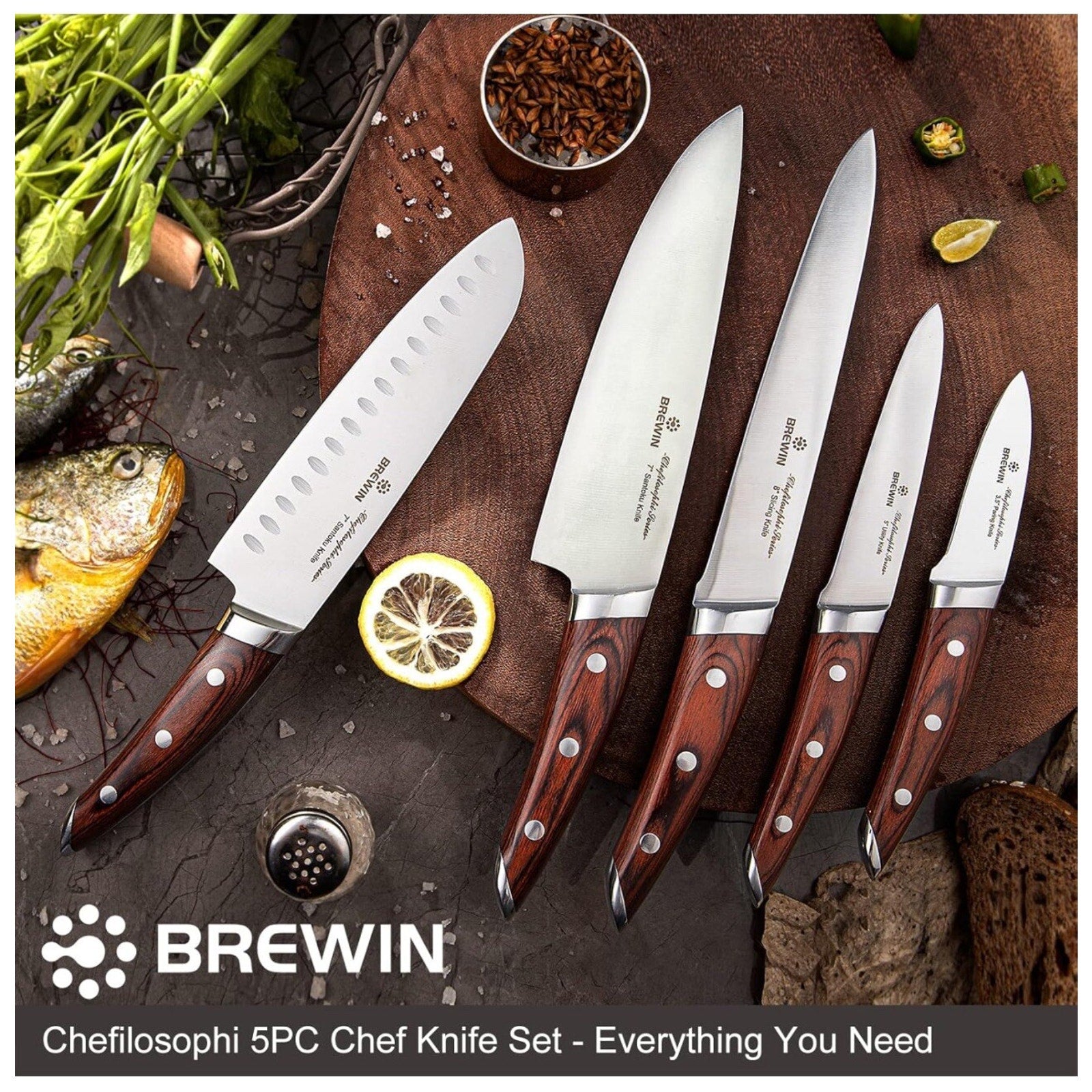 Brewin CHEFILOSOPHI Japanese Chef Knife Set, Stainless Steel, 5 PCS