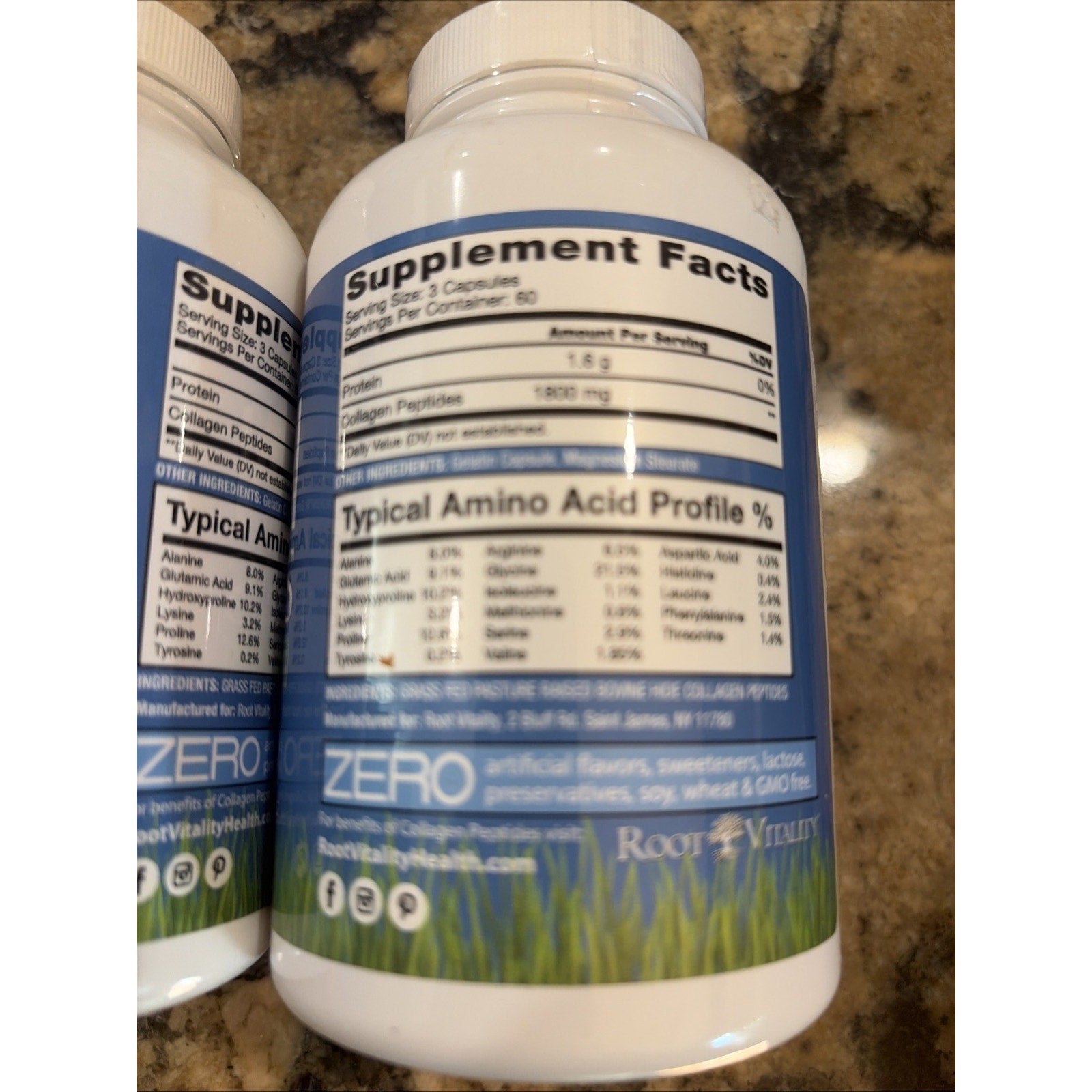 2 Root Vitality Collagen Capsules Grass Fed Peptides 180 Count Skin & Hair Nails
