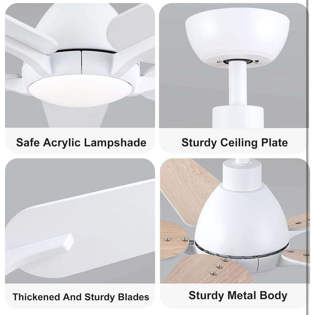 52 Inch Ceiling Fans with Lights and Remote, White Ceiling Fan, 5 Blade
