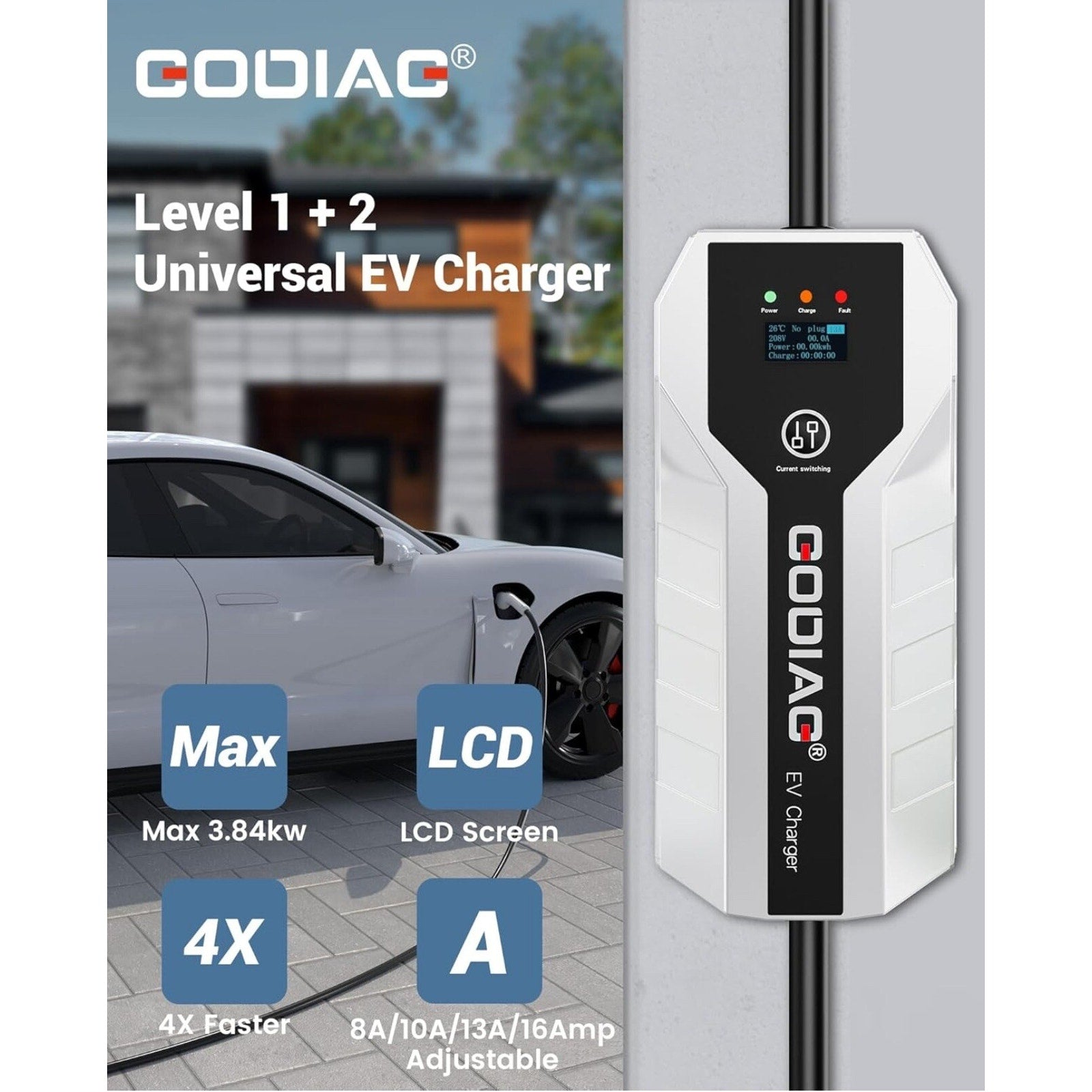 GODIAG Level 1+2 EV Charger, Adjustable 16Amp 110-240V, 20ft Cable NEMA 6-20