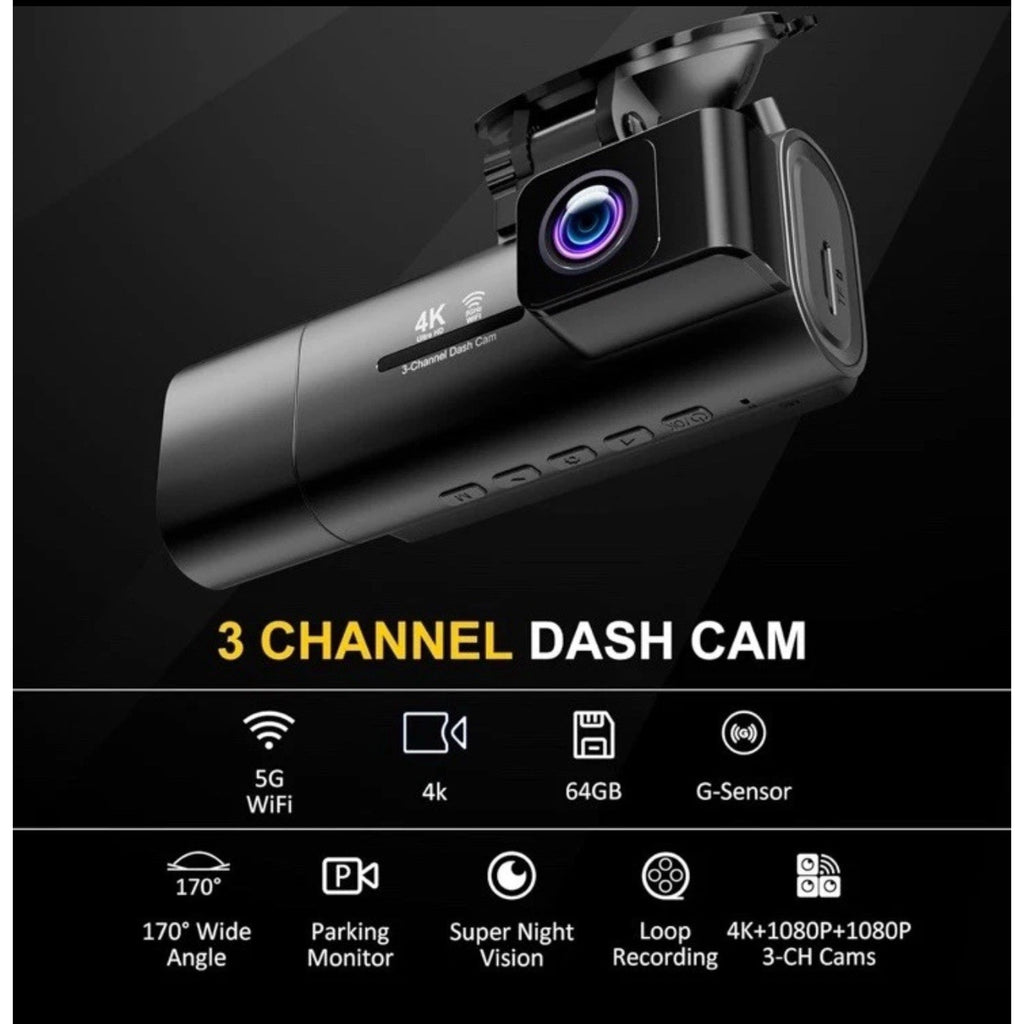 3 Channel WiFi Dash Cam, 4K+1080P+1080P Front Inside and Rear, Triple Dash Camer