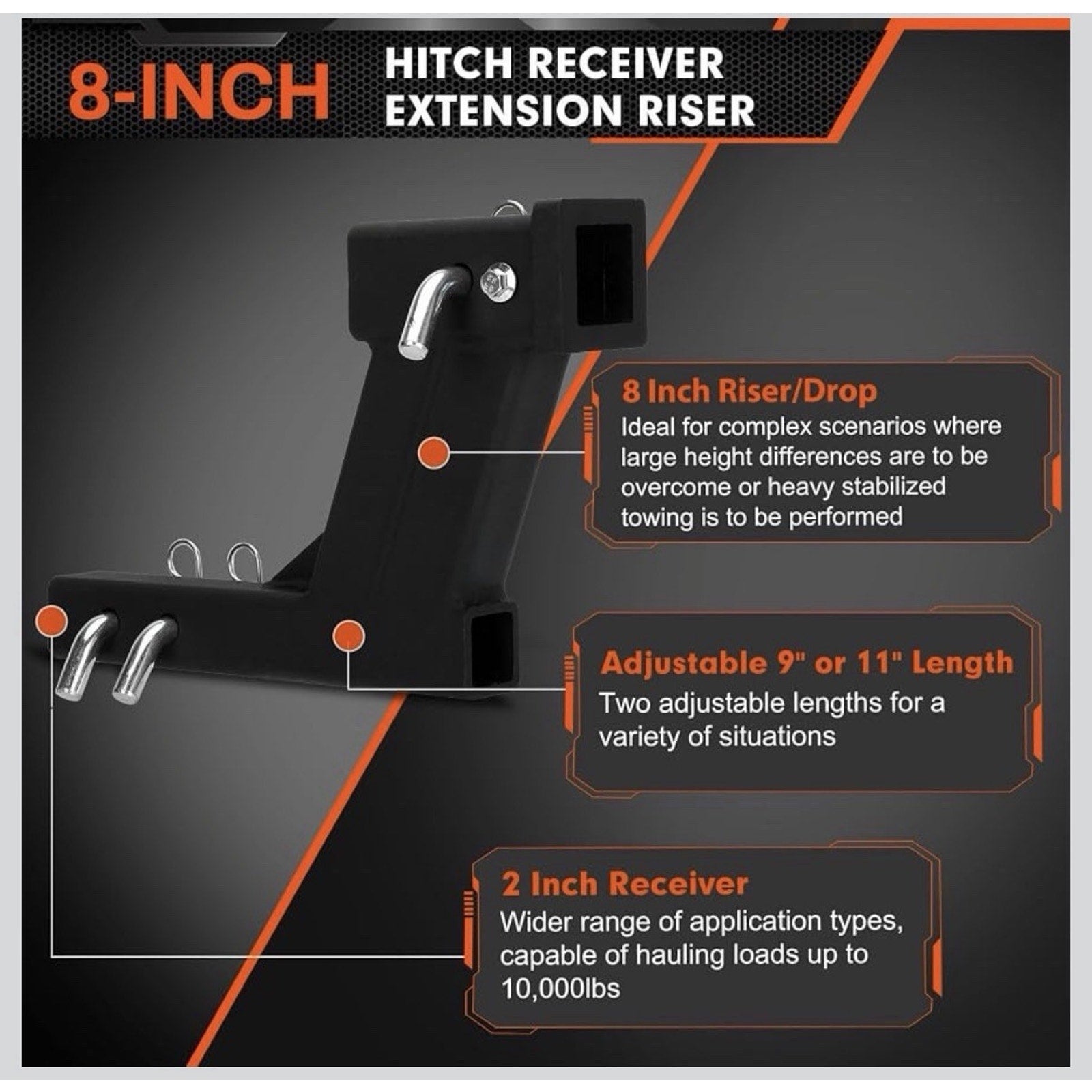 10000lbs 8-Inch Hitch Receiver Extension Riser, 2 Inch Receiver with 8 Inch Drop