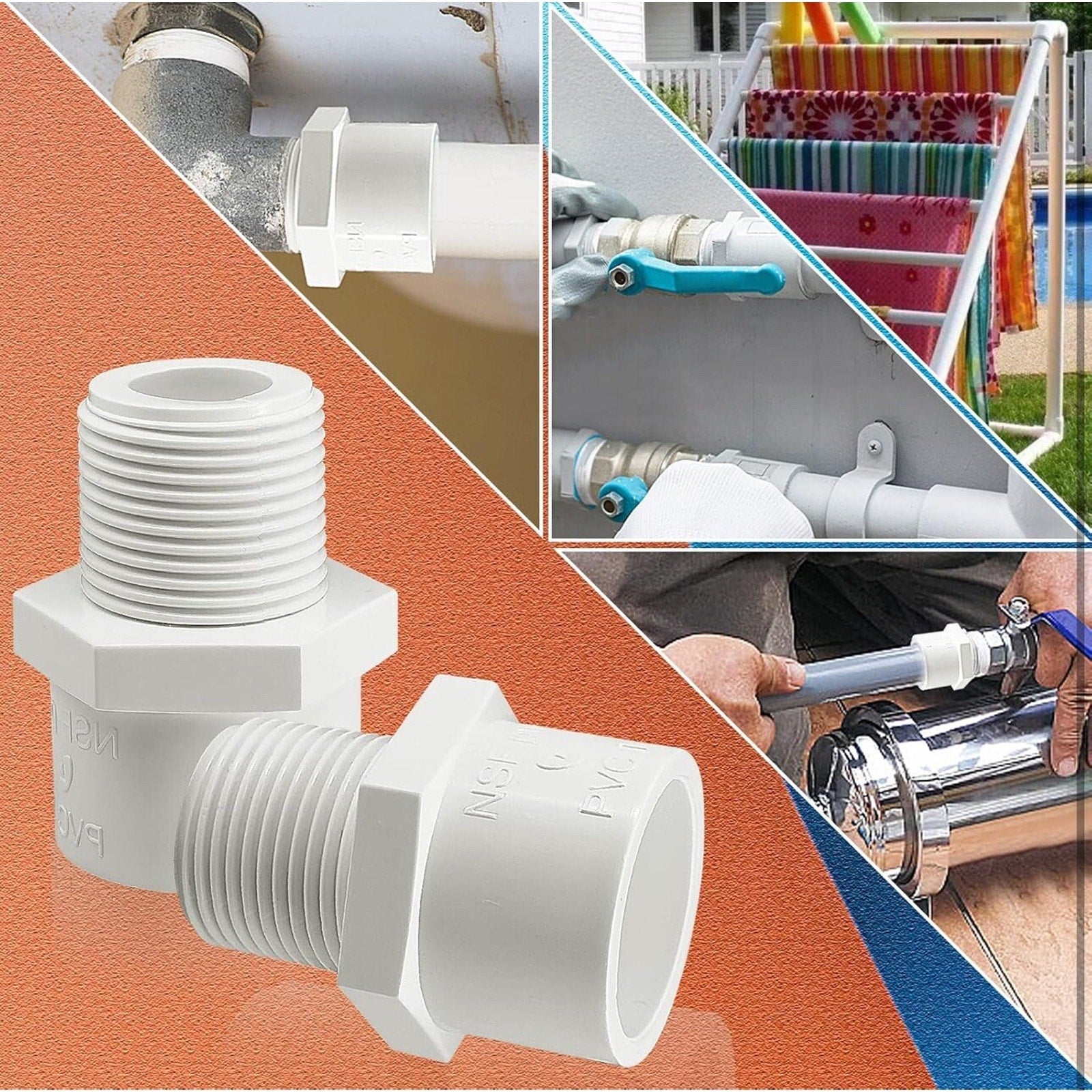 9Pcs White PVC Pipe Fittings, 1Inch NPT Male Thread PVC Pipe Fitting Adapter