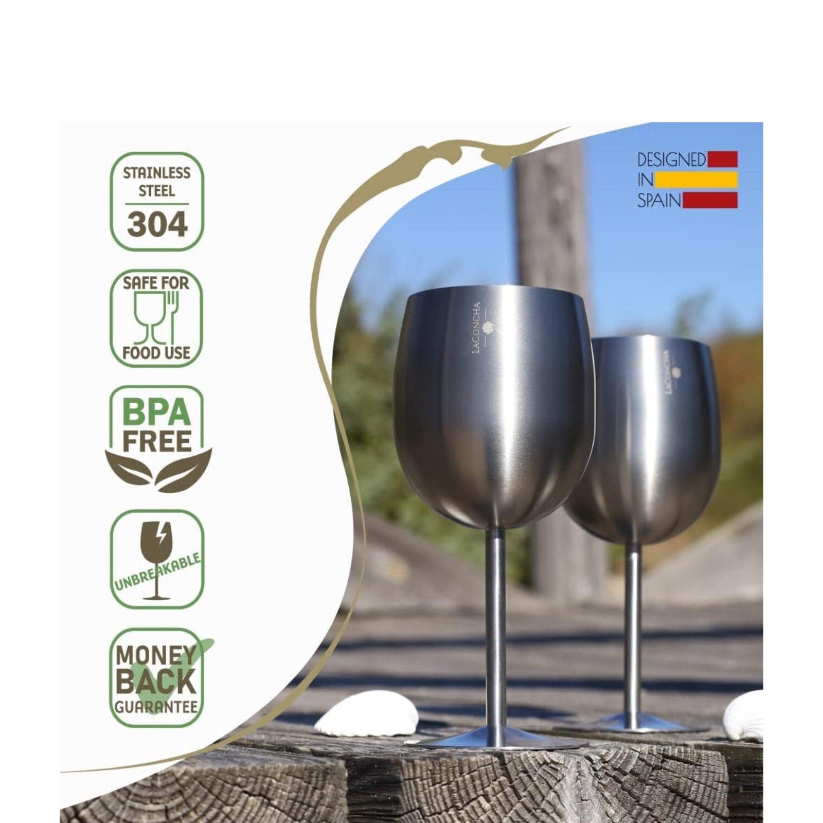 La Concha Wine Glasses - 12 oz Stainless Steel Tumblers (Set of 2)