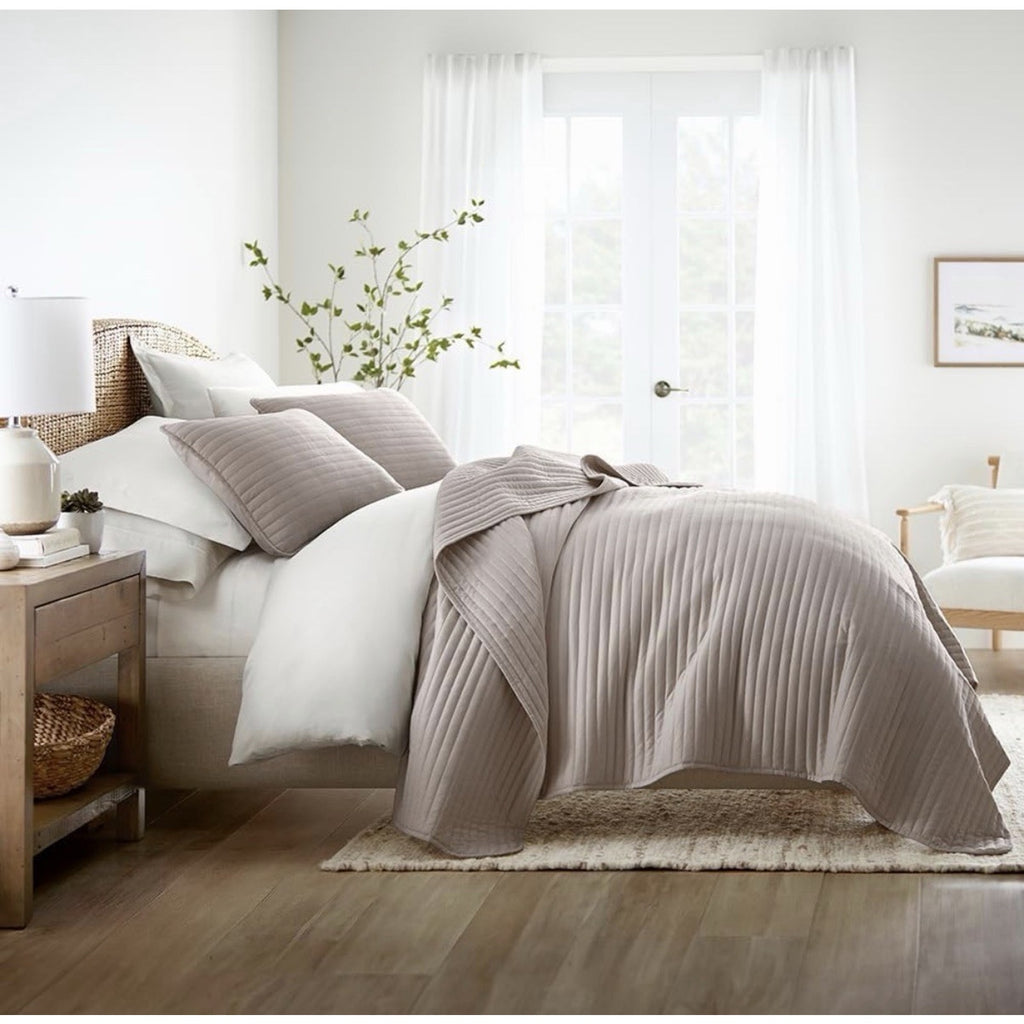 Linen Market Striped Quilt Coverlet Set, King/Cal-King, Latte