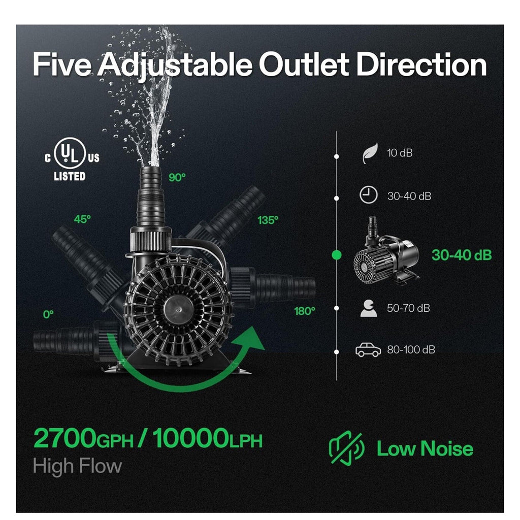 120W 2700 GPH 15ft Lift Submersible Water Pump W/Barrier Bag for Pond