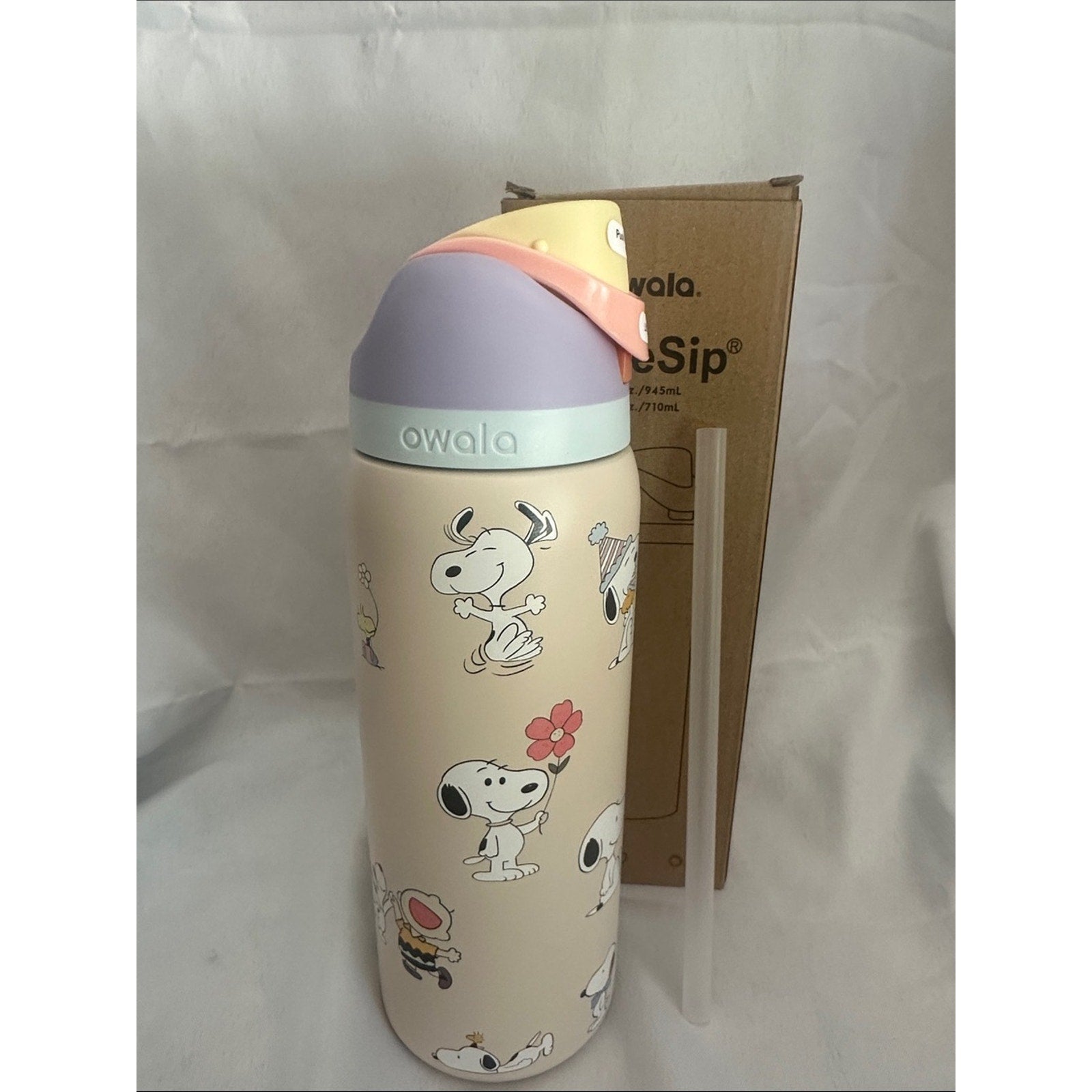 Custom Engraved Owala FreeSip Snoopy Pastel Cream 32 oz
