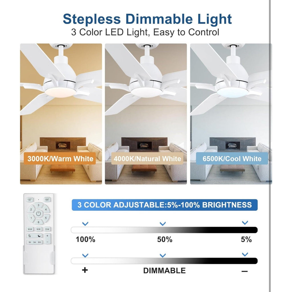 52 Inch Ceiling Fans with Lights and Remote, White Ceiling Fan, 5 Blade