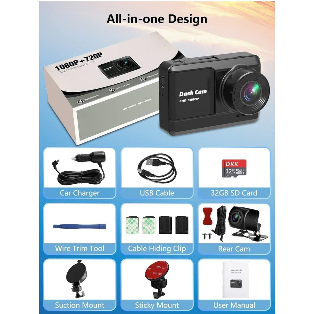 DKK Dash Cam Front and Rear, 1080p mini dash with 32 GB SD Card. G Sensor Lock