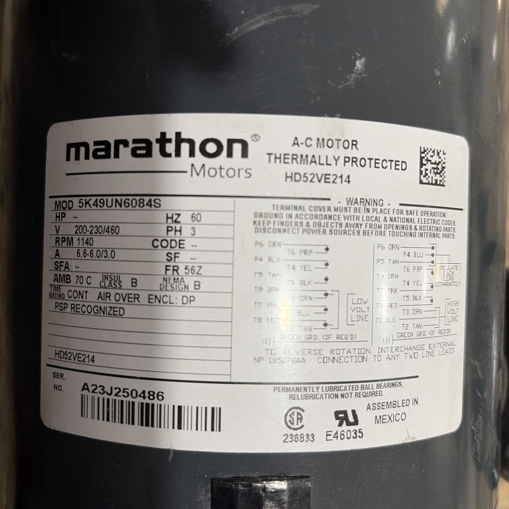 Marathon HD52VE214 Motor, 200-230/460V, 1140 rpm, 60Hz, Carrier Fan Motor