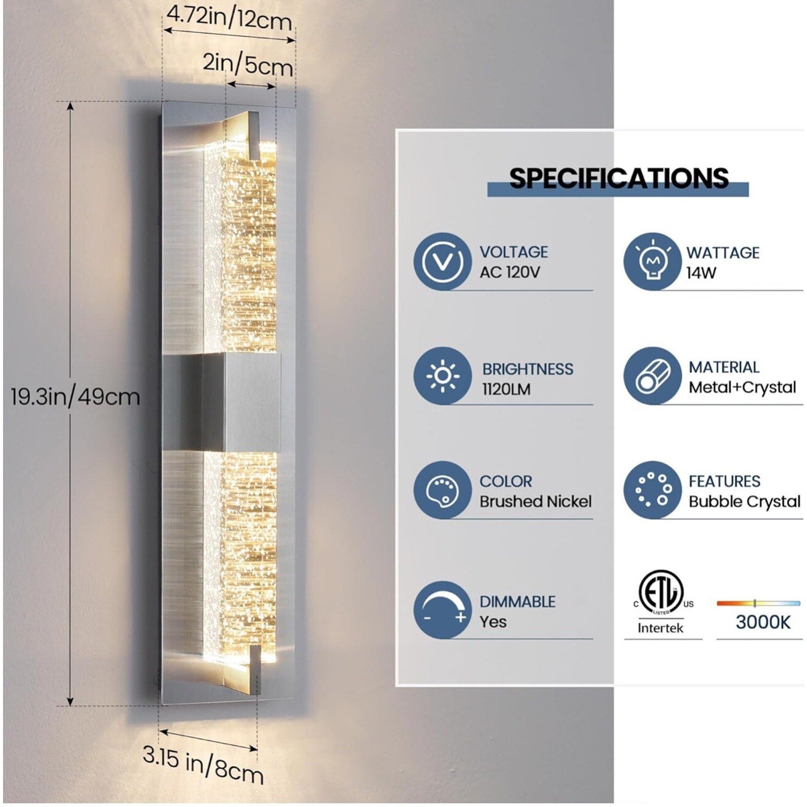 WOSHITU LED Wall Sconce Light: 19 Inch Nickel Modern Sconces Wall Lighting 3000K