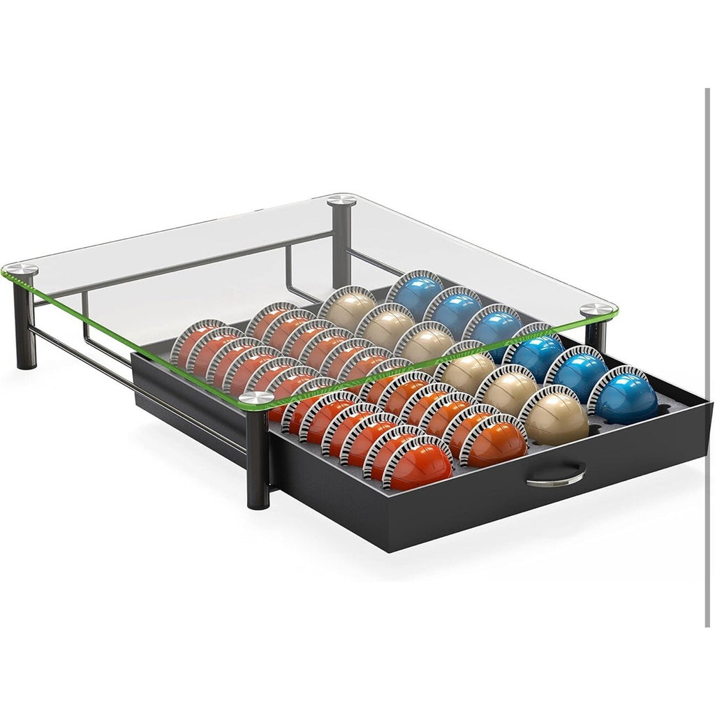 DecoBrothers Crystal Tempered Glass Vertuo Pod Holder Drawer, 24 Large or 48 S