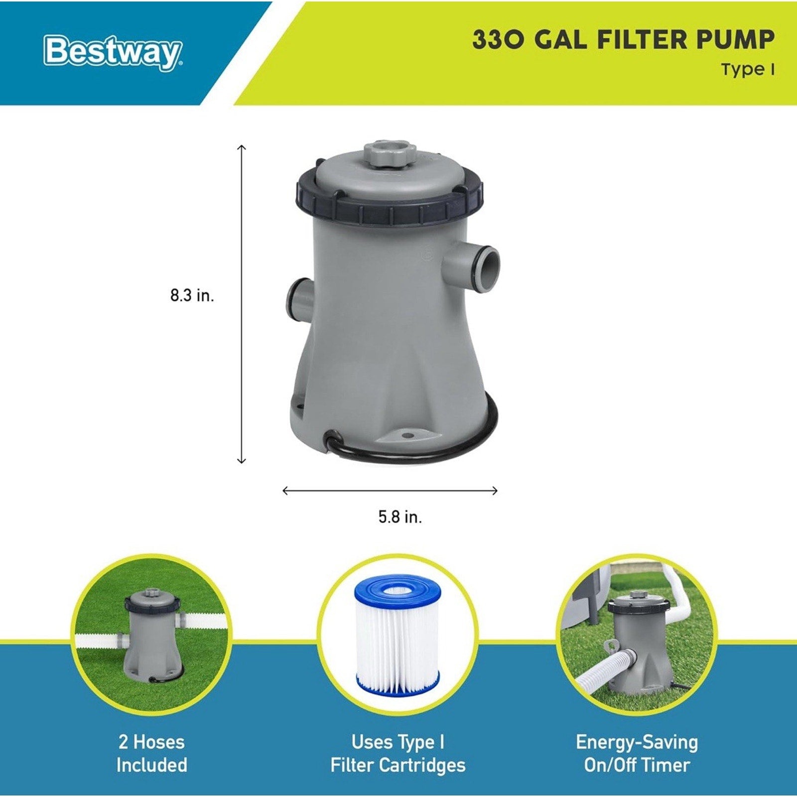 Bestway # 58511E Above-Ground Pool Filter Pump Flowclear 330gal