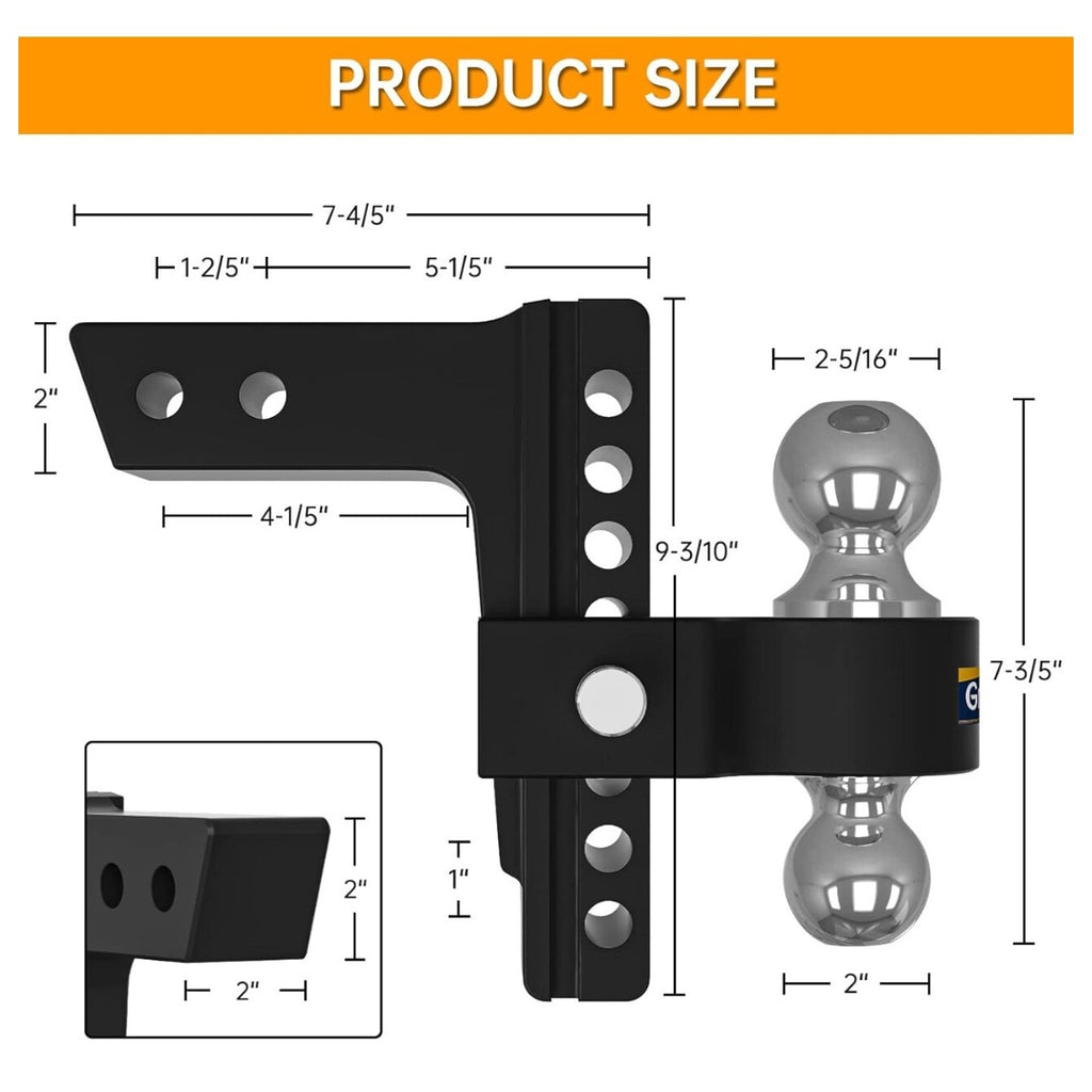 Trailer Hitch Fits 2 Inch Receiver, 6 Inch Adjustable Drop Hitch, 12,500 LBS