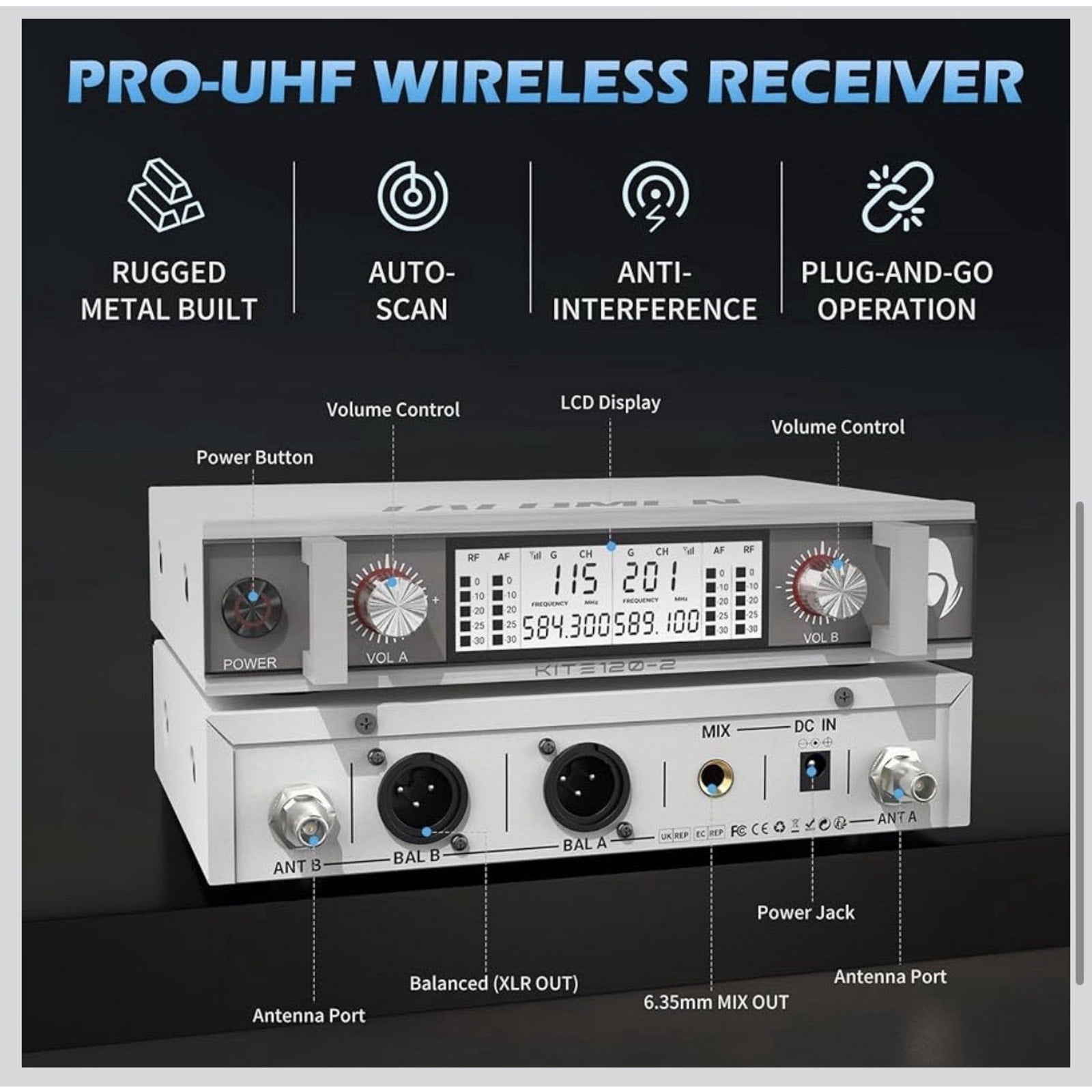 Wireless Microphone System, Metal UHF Handheld Microphones Cordless Dynamic Mic