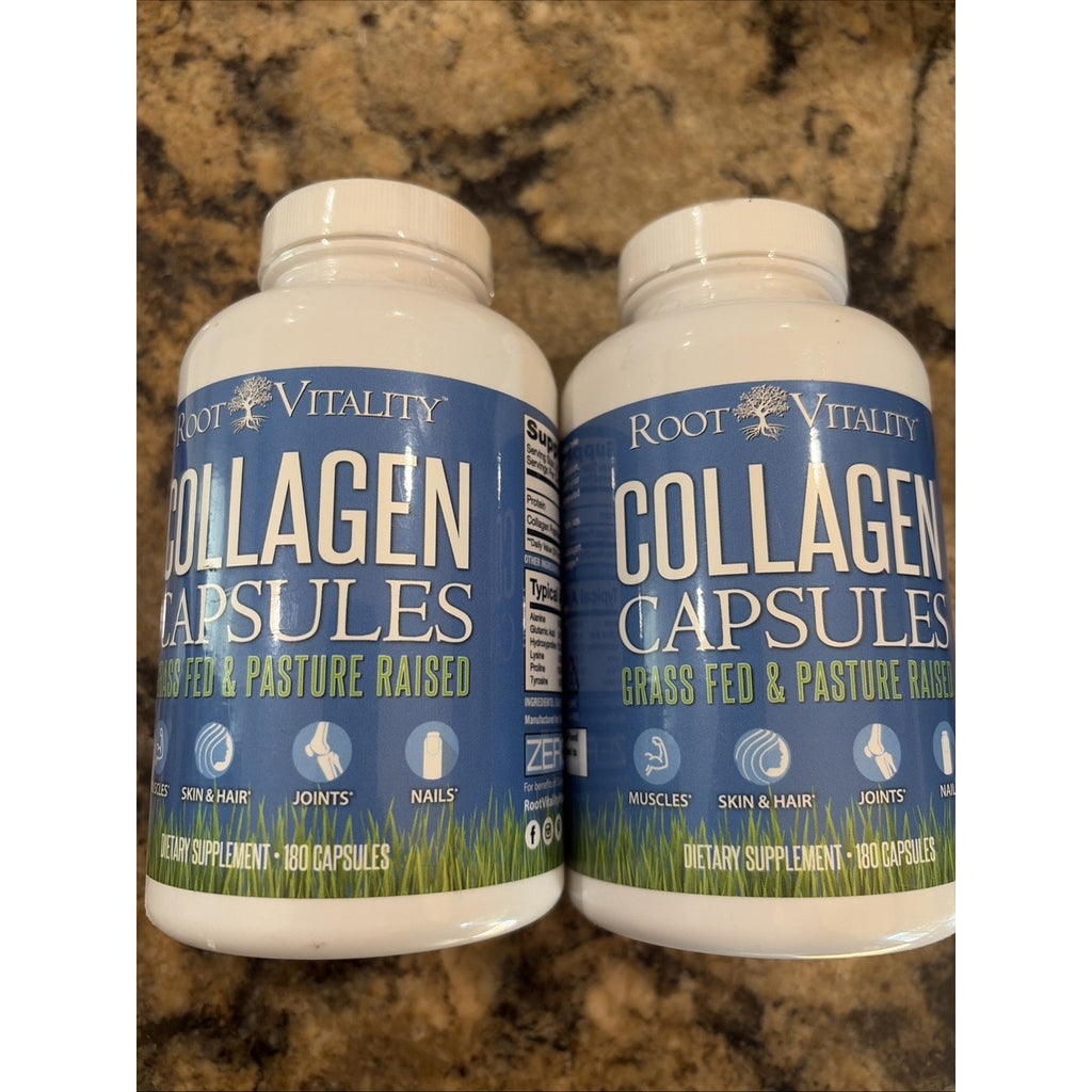 2 Root Vitality Collagen Capsules Grass Fed Peptides 180 Count Skin & Hair Nails
