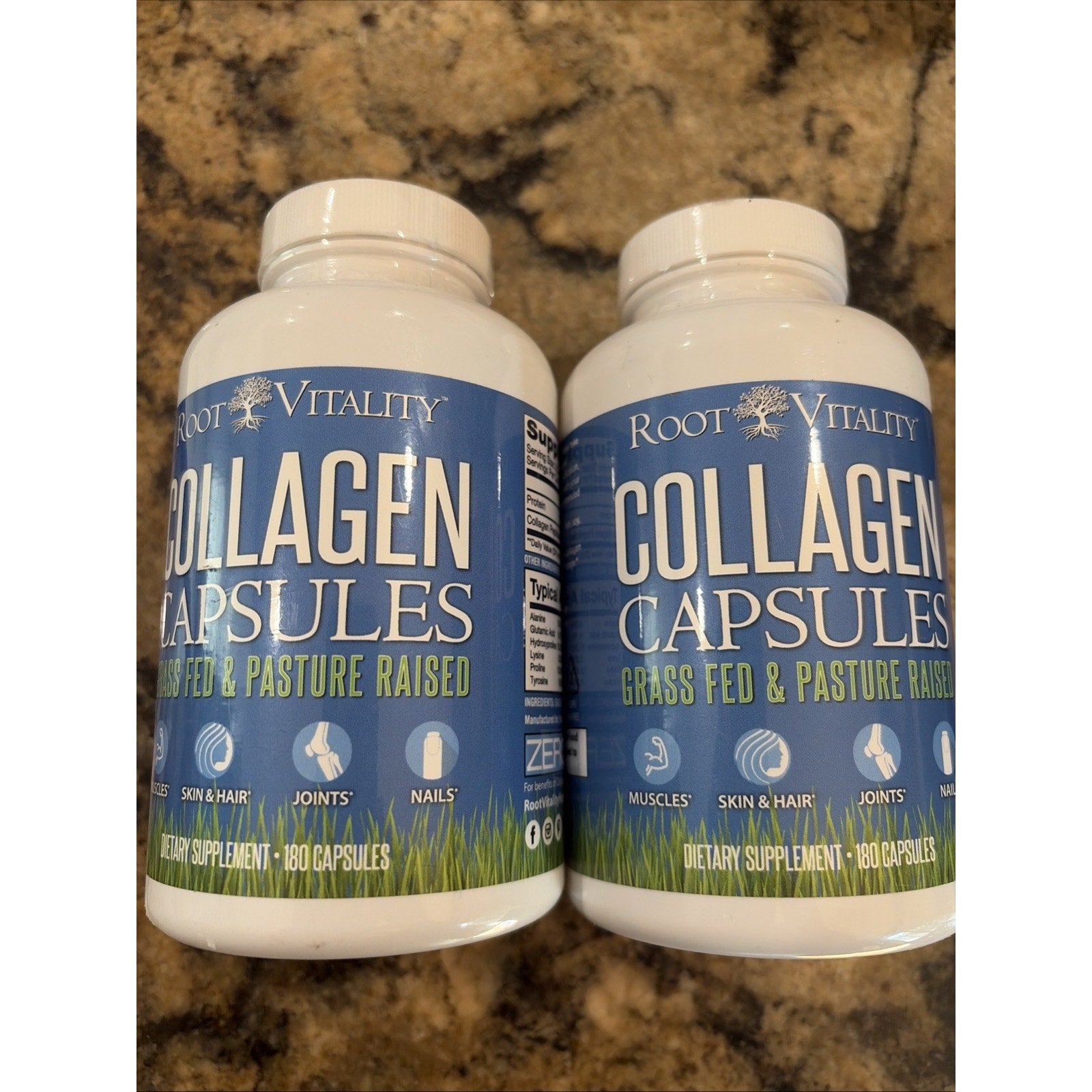 2 Root Vitality Collagen Capsules Grass Fed Peptides 180 Count Skin & Hair Nails